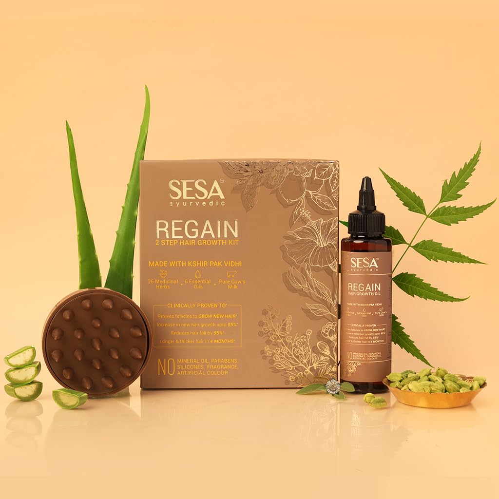 SESA Ayurvedic Rephase 2 Step Hair Growth Oil Kit - 26 Herbs & 6 Essential Oils for Stronger Hair, Reduces Hair Fall with Scalp Massager - 100ml Natural Hair Treatment for Women & Men - Perfect for Daily Hair Care & Scalp Nourishment