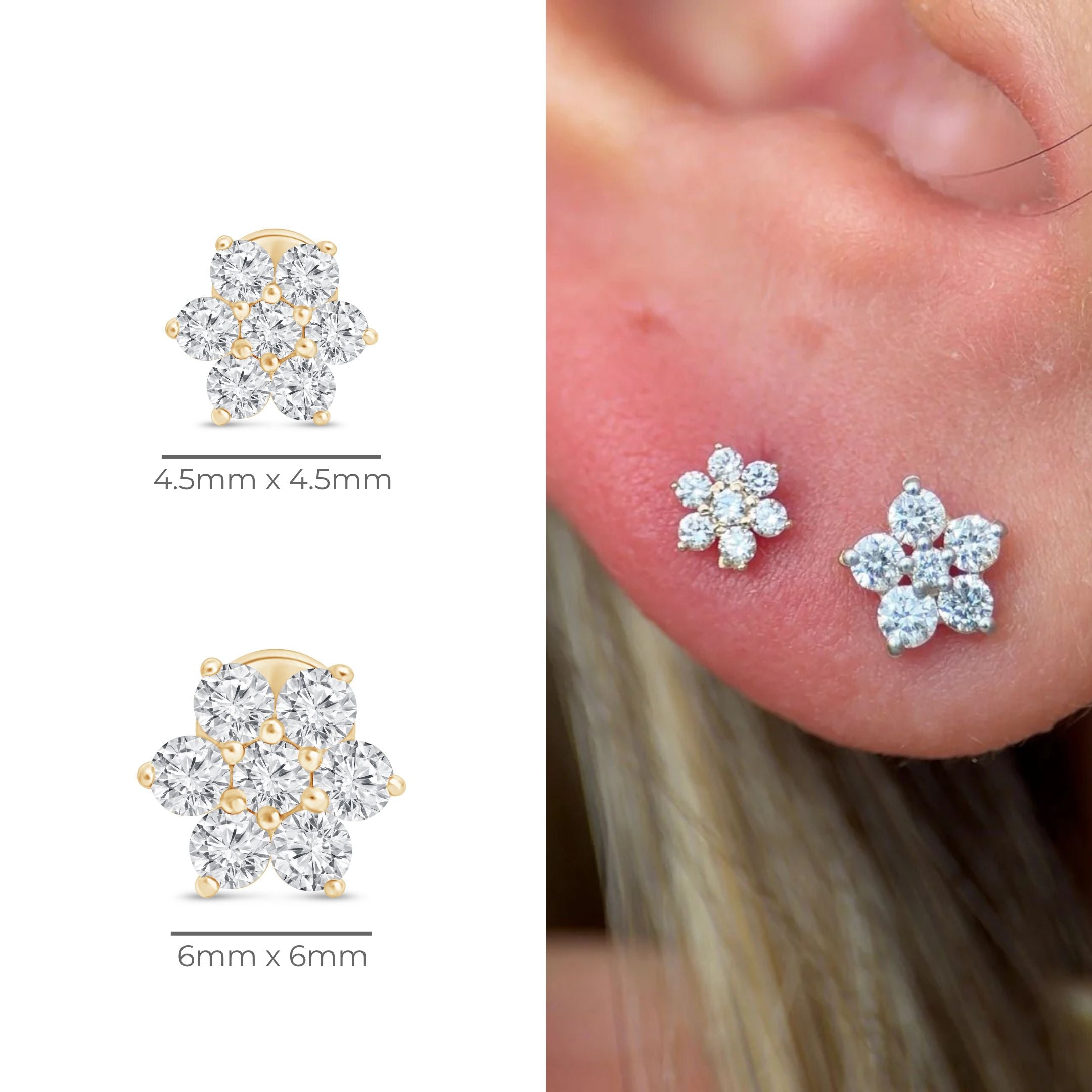 14k Yellow Gold Seven Diamond Flower Flat Back Stud Earrings - Elegant Floral Jewelry for Women, Perfect for Weddings, Parties & Everyday Wear