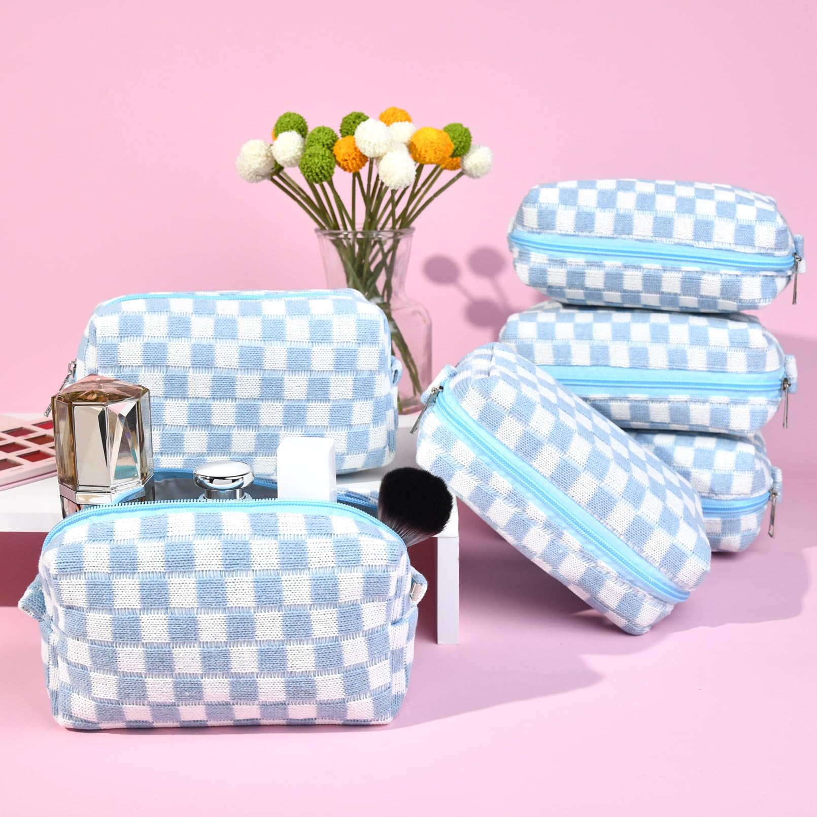 Preppy Checkered Makeup Bag - Blue Cosmetic Pouch for Women | Personalized Travel Toiletry Organizer | Cute DIY Makeup Brushes Storage | Bulk Wholesale | Perfect for Travel, Gym & Daily Beauty Routine