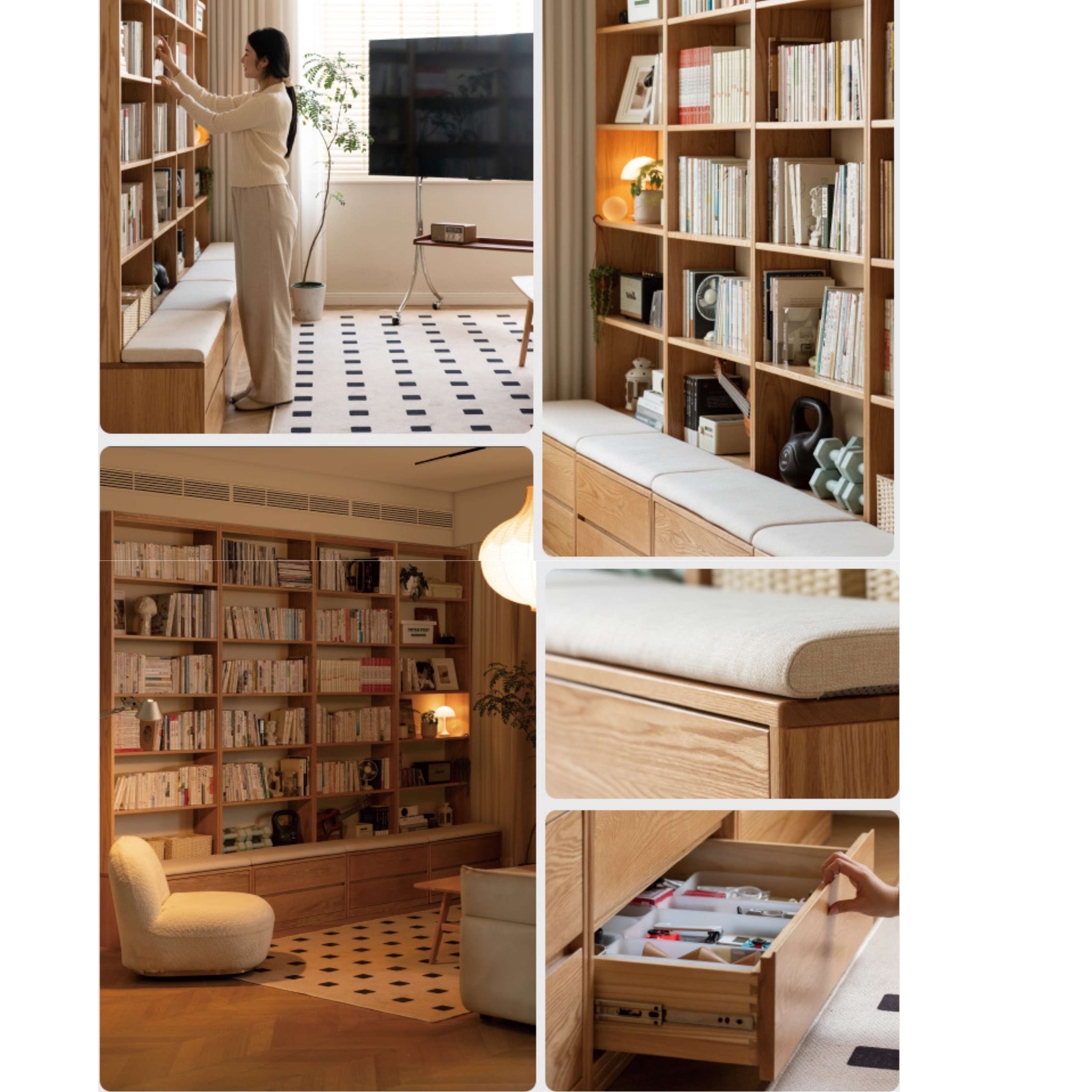 Solid Oak Wood Wall-to-Wall Bookshelf with Built-in Seat - Perfect for Home Library, Study Room & Living Room Storage
