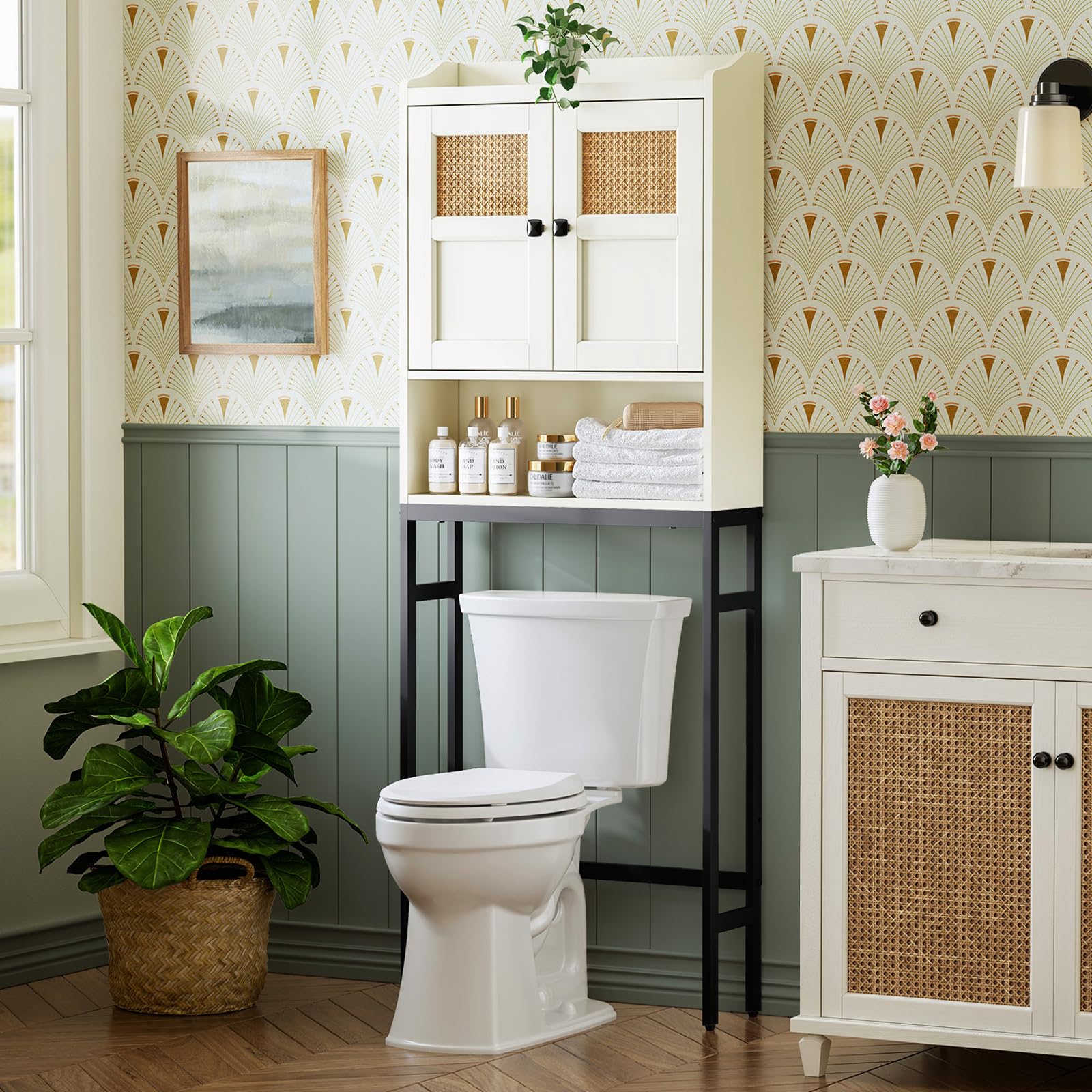 Over The Toilet Storage Cabinet with Rattan Doors - Cream White Bathroom Organizer with Soft Hinges for Above Toilet Space Saving | Perfect for Small Bathrooms, Apartments & Powder Rooms