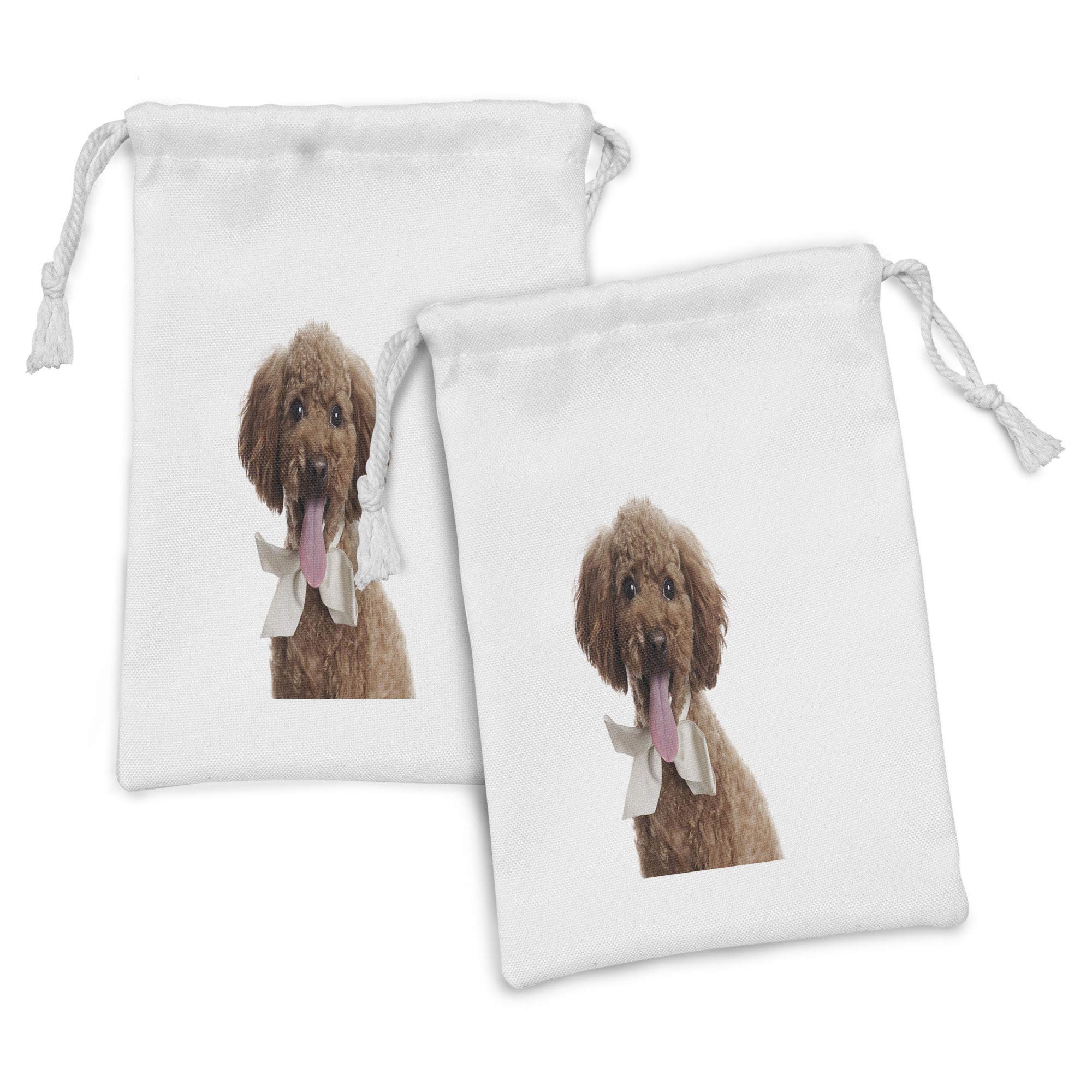 Ambesonne Poodle Fabric Pouch Set of 2 - Small Drawstring Bags for Toiletries, Masks, Jewelry & Party Favors | Cute Puppy Design with Ribbon Bow Tie | 9