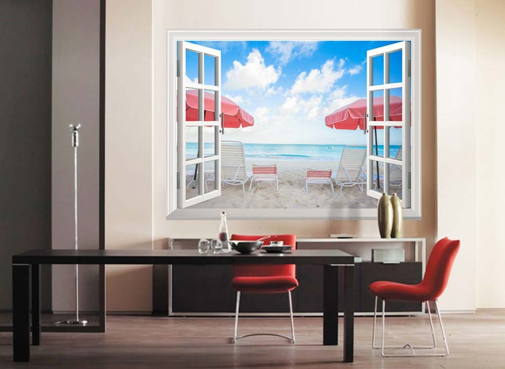 Wall26 Removable Wall Sticker & Mural - Tropical Beach Scene with Two Chairs & Umbrellas | 36