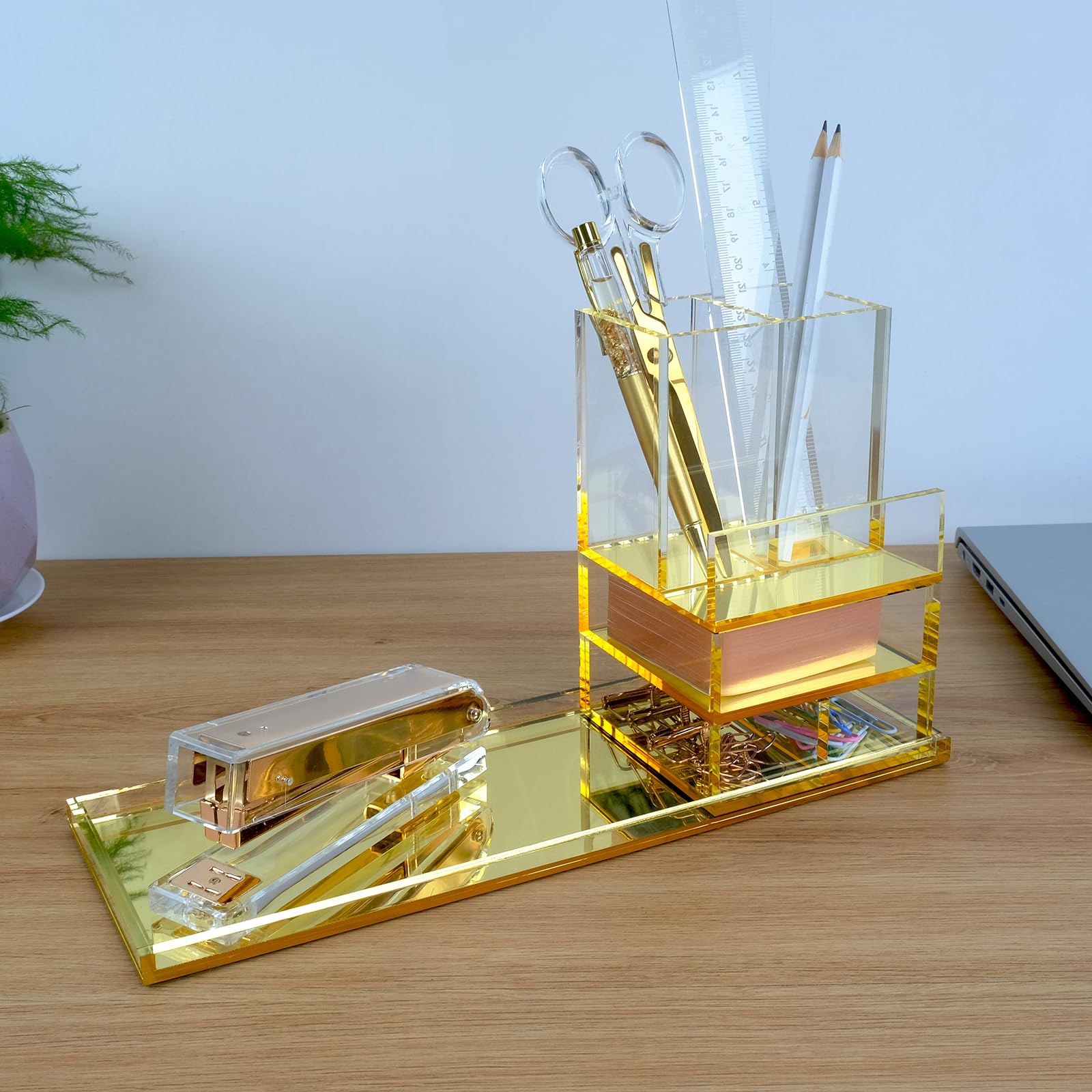 4-Piece Acrylic Desk Organizer Set with Free Ruler - Gold Office & Home Desktop Organization for Pens, Paper Clips & Stationery