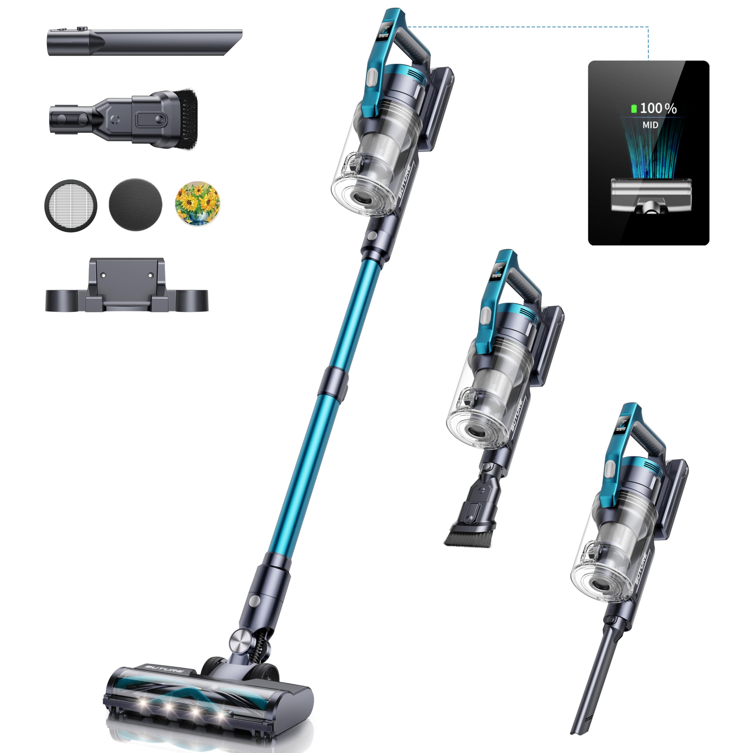 BuTure Cordless Vacuum Cleaner - 38KPa Powerful Suction Stick Vacuum with LED Display, 55min Runtime, Multi-Cone Filtration, Lightweight for Hardwood Floors, Carpets & Pet Hair | Perfect for Home Cleaning, Quick Pickup & Pet Owners