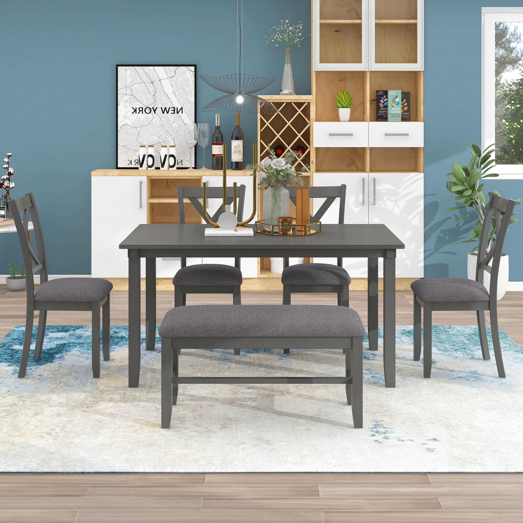 Farmhouse Dining Room Table Set with Bench and 6 Chairs - Solid Wood Kitchen Table & Upholstered Seating in Dark Grey - Perfect for Family Dinners, Entertaining Guests & Cozy Kitchen Gatherings