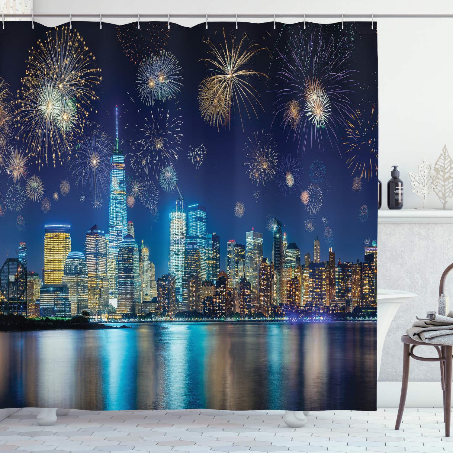 Ambesonne NYC New Year's Eve Fireworks Shower Curtain - 69x84 Inch Waterproof Fabric Bathroom Decor with Hooks - Vibrant Multicolor Nighttime Celebration Scene - Perfect for Holidays, Parties & Modern Bathroom Decor