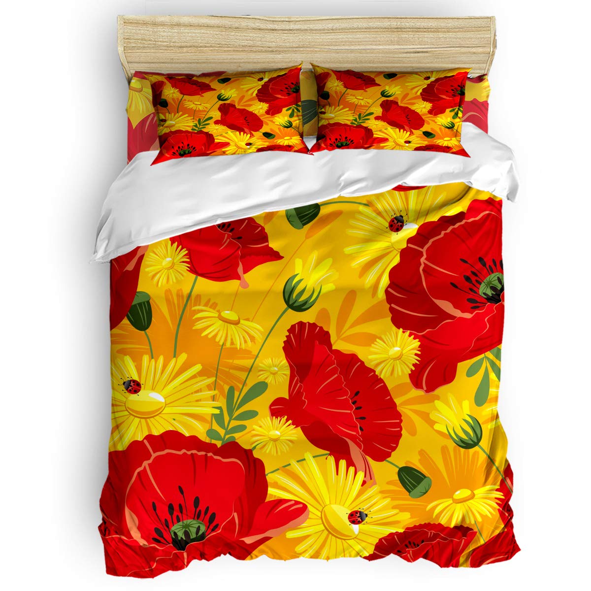 Yogaly 4-Piece Full Size Bedding Set - Soft Poppy Flower Printed Bed Sheets, Duvet Cover, Flat Sheet & Pillowcases for Adults, Teens, Kids & Nursery | Perfect for Cozy Home Decor, Guest Rooms & Gift Giving