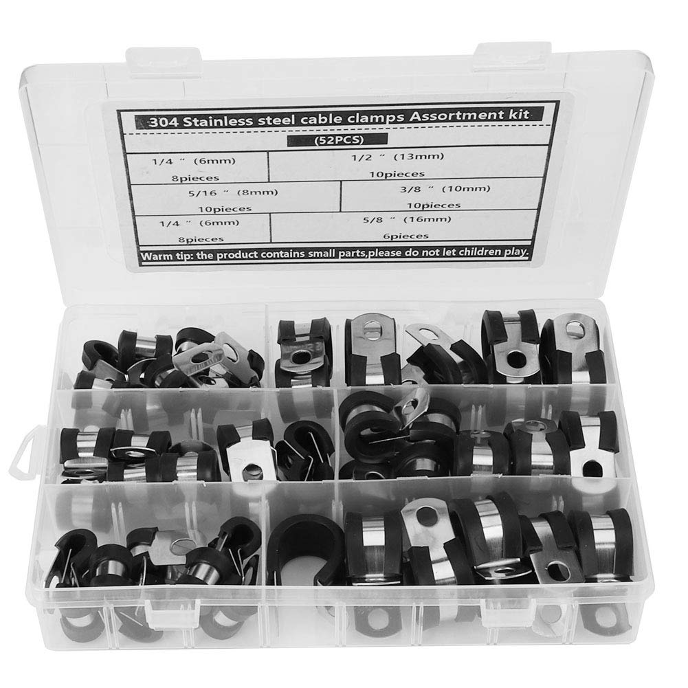 52Pcs Stainless Steel Rubber Sleeve Cable Clamp Assortment Kit - Heavy Duty Wire, Hose & Cable Management Organizer for Electrical, Automotive & Home Improvement Projects