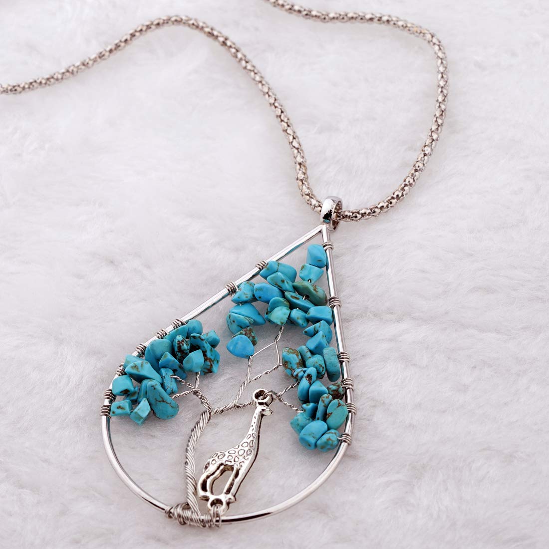Handmade Wire Wrapped Quartz Chips Tree Teardrop Pendant Necklace with Giraffe - Healing Crystal Jewelry Gift for Women, Mother, Sister (Turquoise) | Spiritual Protection, Meditation & Everyday Wear