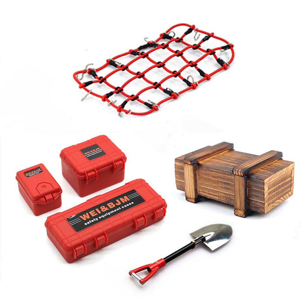 6PCS 1:10 Scale RC Crawler Car Accessories - Realistic Luggage Case, Luggage Net, Wooden Box & Shovel Decor for TRX4, SCX10, 90046, CC01, D90, D110 - Perfect for Off-Road Adventure & Display (Red)