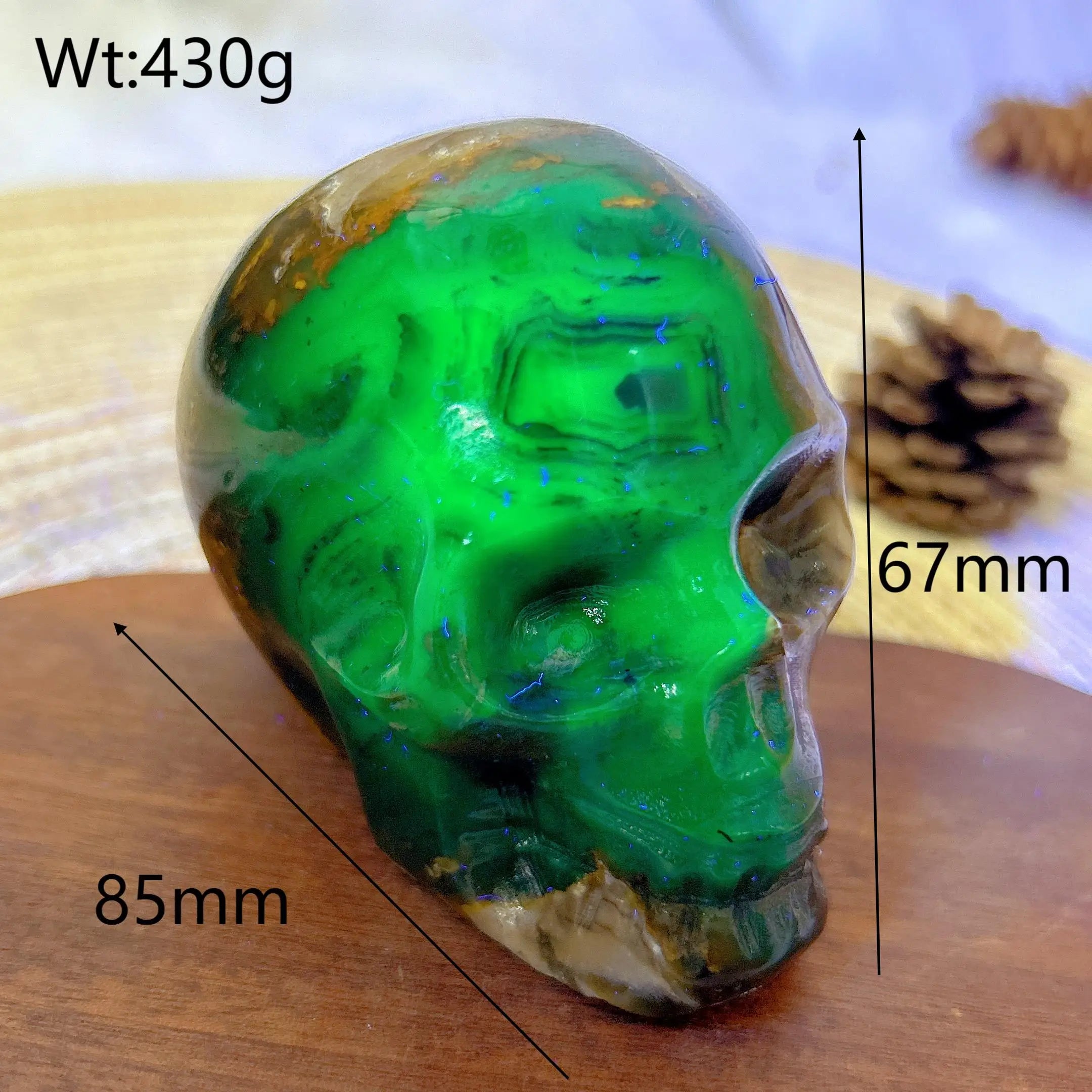 Natural Volcanic Agate Skull Carving with UV Light Effect - Green Flashy Healing Crystal for Energy, Home Decor & Spiritual Gifts | Perfect for Meditation, Feng Shui & Unique Gift Giving
