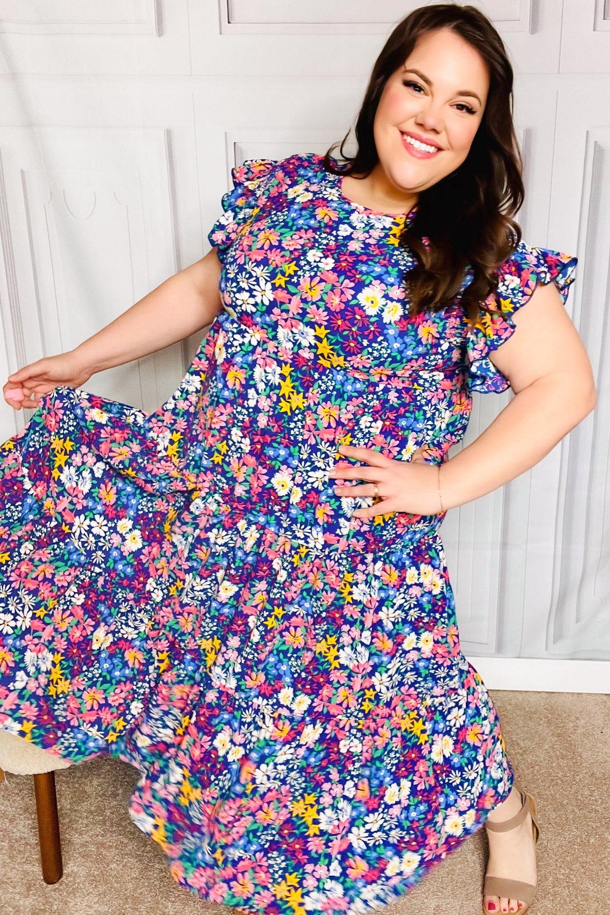 Haptics Just A Dream Navy Floral Smocked Ruffle Sleeve Maxi Dress - Elegant Summer Beach Wedding Guest Dress for Women