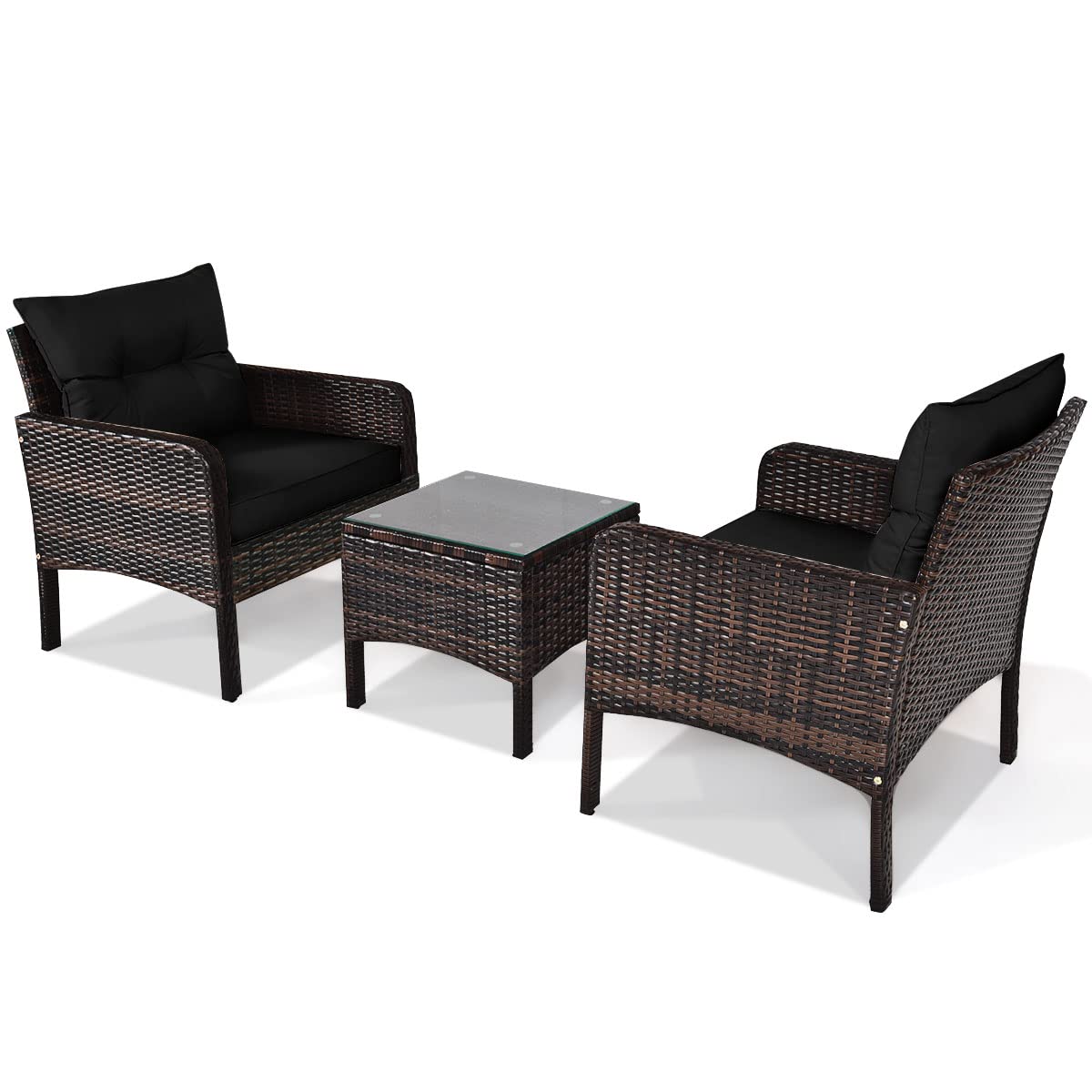 COSTWAY 3-Piece Outdoor Patio Furniture Set - All-Weather Wicker Sofa with Cushions & Coffee Table - Rattan Conversation Set for Garden, Balcony, Backyard, Poolside - Perfect for Relaxing, Entertaining & Outdoor Lounging (Black)