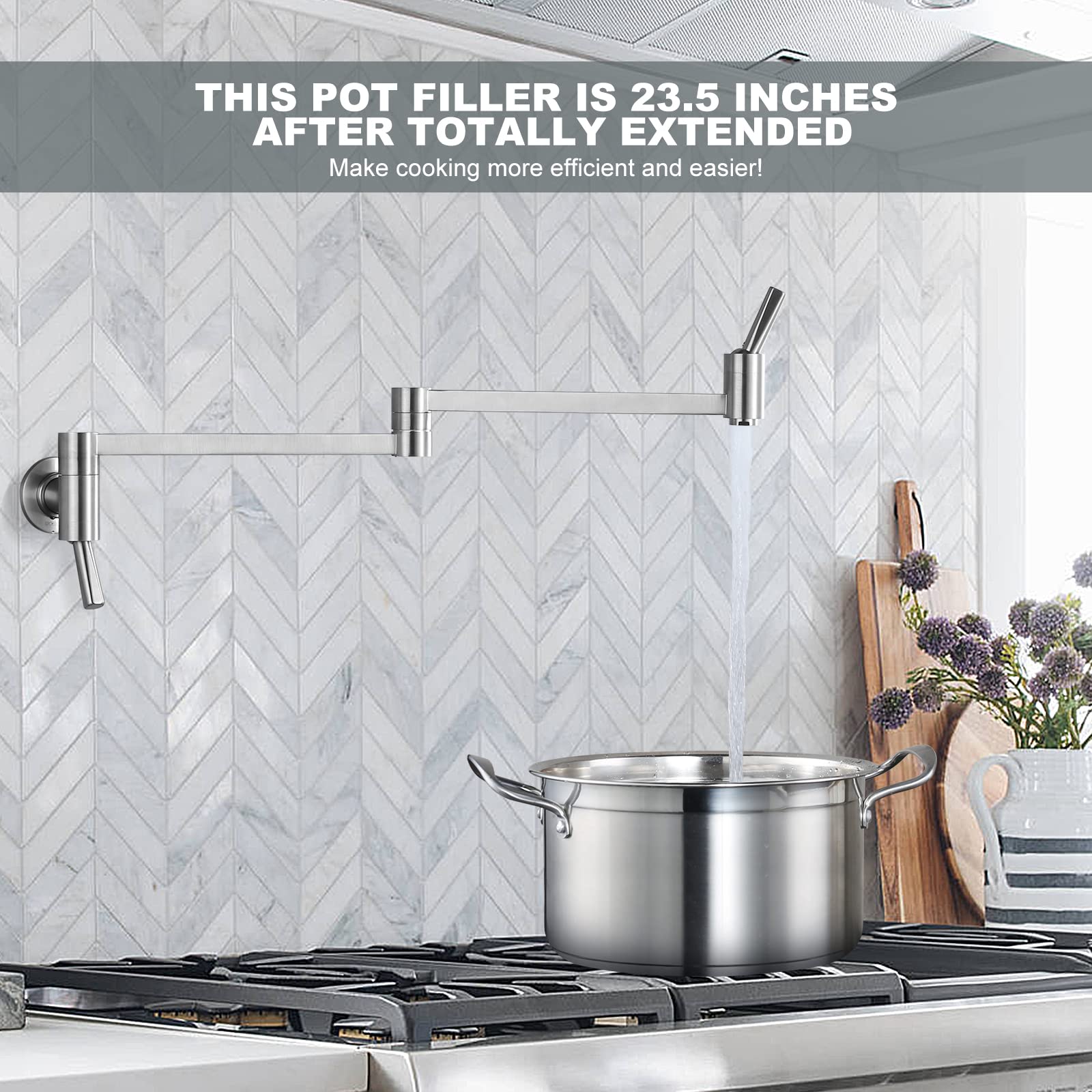 WOWOW Brass Pot Filler Faucet - Wall Mount Kitchen Sink Faucet with Folding Stretchable Double Joint Swing Arm in Brushed Nickel - Perfect for Cooking, Filling Large Pots & Easy Kitchen Cleanup