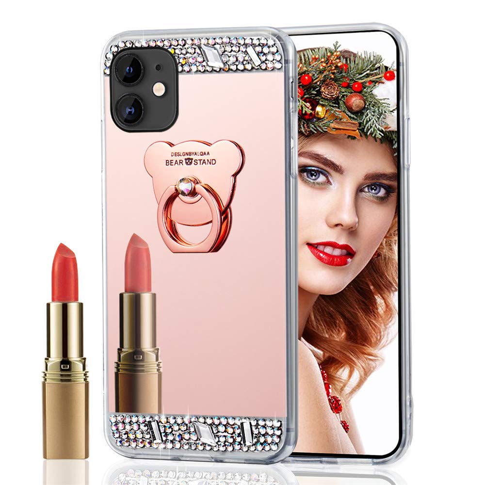 EMAXELER iPhone 11 Pro Max Case with Makeup Mirror & Bear Ring Holder - Sparkly Glitter Diamond Bling Soft TPU Silicone Protective Cover for iPhone 11 Pro Max 6.5 inch (Rose Gold) - Perfect for Makeup Touch-Ups, Selfies & Daily Use