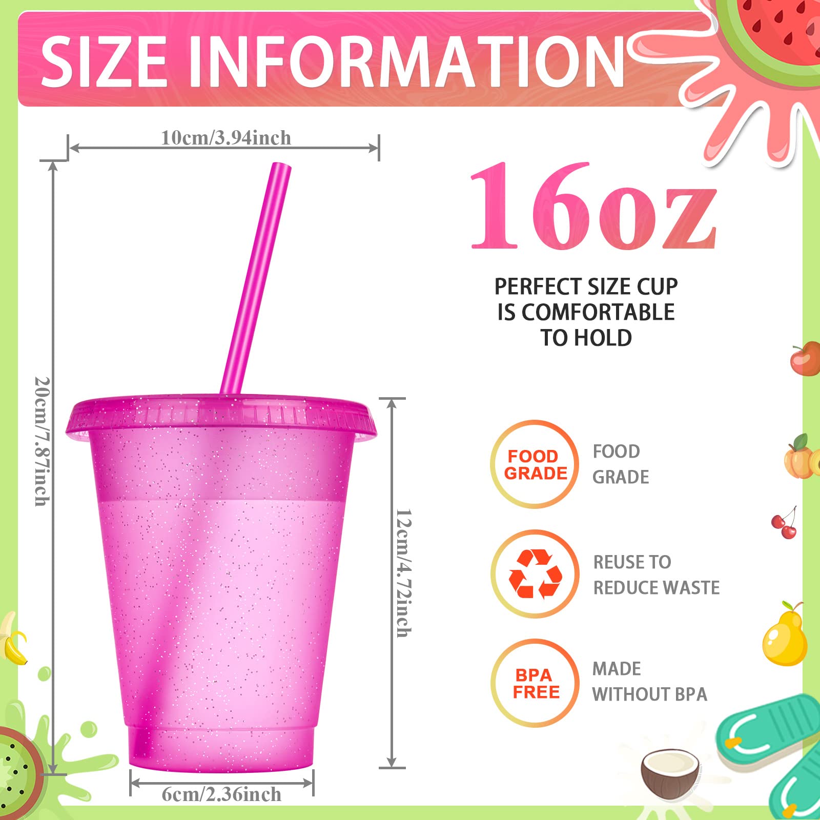 16oz Reusable Plastic Tumbler Cups with Lids & Straws - 15 Pack Colorful Kids & Adults Travel Mug for Iced Coffee, Water, Juice - Perfect for Parties, Picnics, School, Office & Outdoor Activities