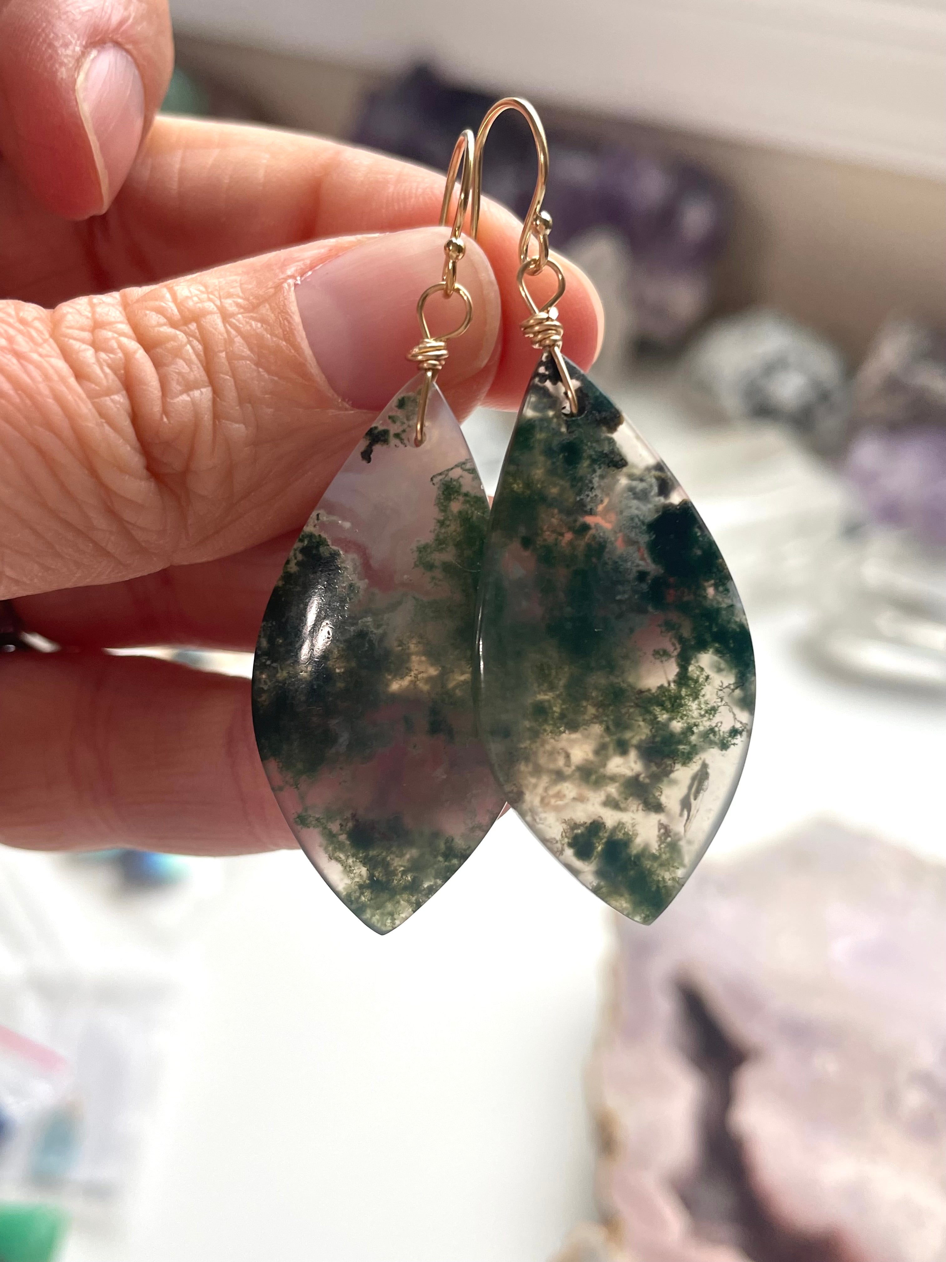 Large Moss Agate Statement Earrings - Gold Filled Dangle Earrings for Women | Boho Chic Jewelry for Parties, Weddings & Special Occasions