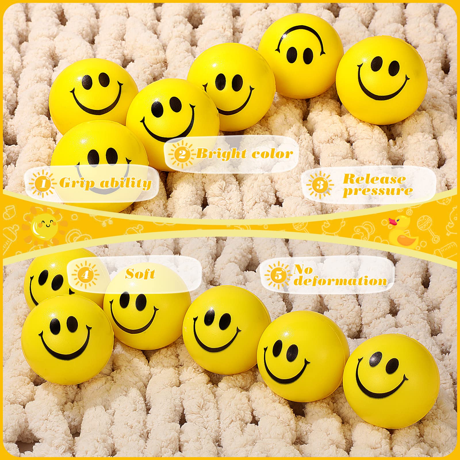 Vinsot 100-Pack 2.5 Inch Yellow Smiley Face Stress Balls - Bulk Mini Foam Stress Relief Toys for Adults & Teens - Funny Party Favors for Christmas, Carnivals, Office Gifts & Classroom Rewards