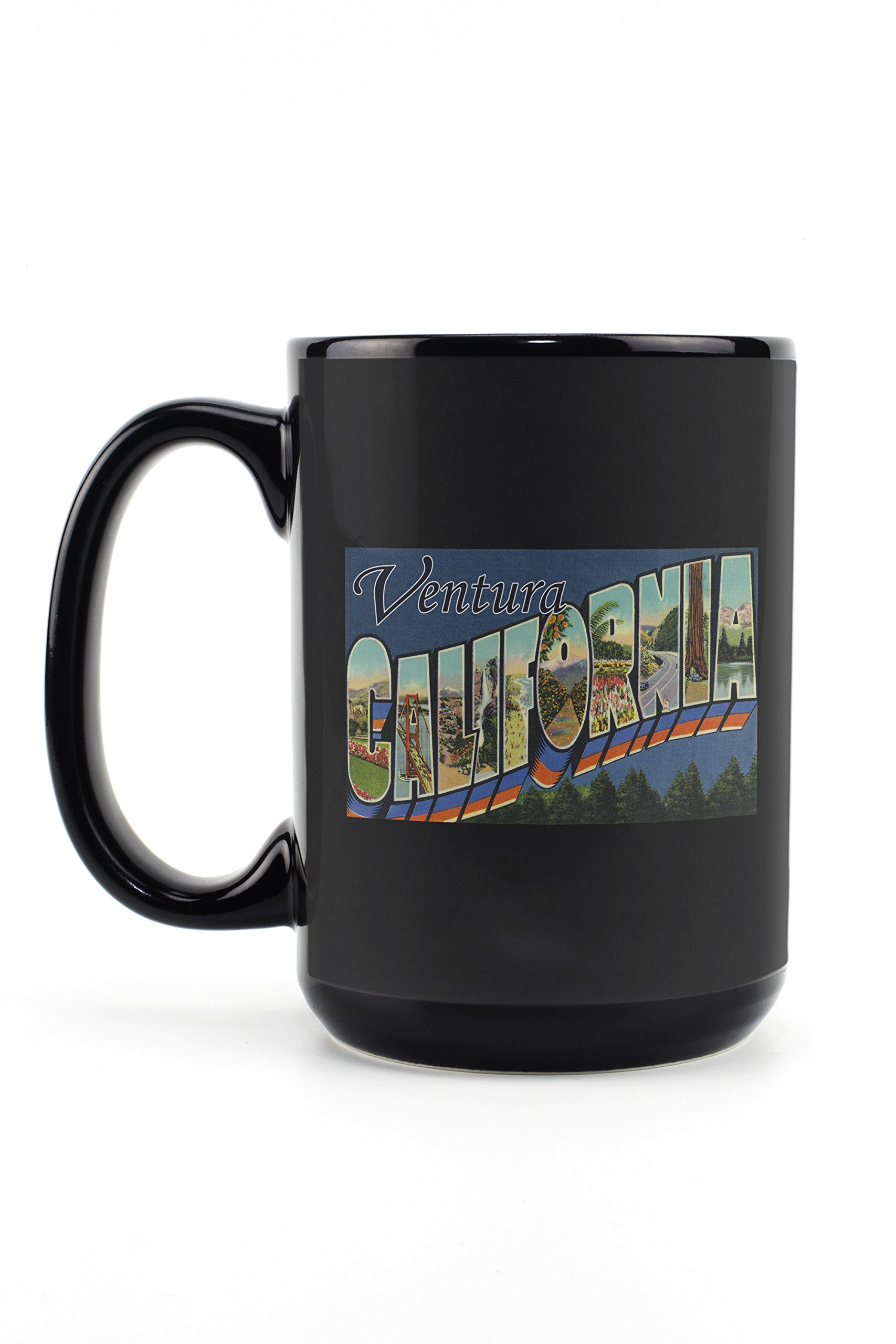 Lantern Press Greetings from Ventura California - 15oz Black Ceramic Coffee & Tea Mug - Dishwasher & Microwave Safe - Perfect for Home, Office & Gifts