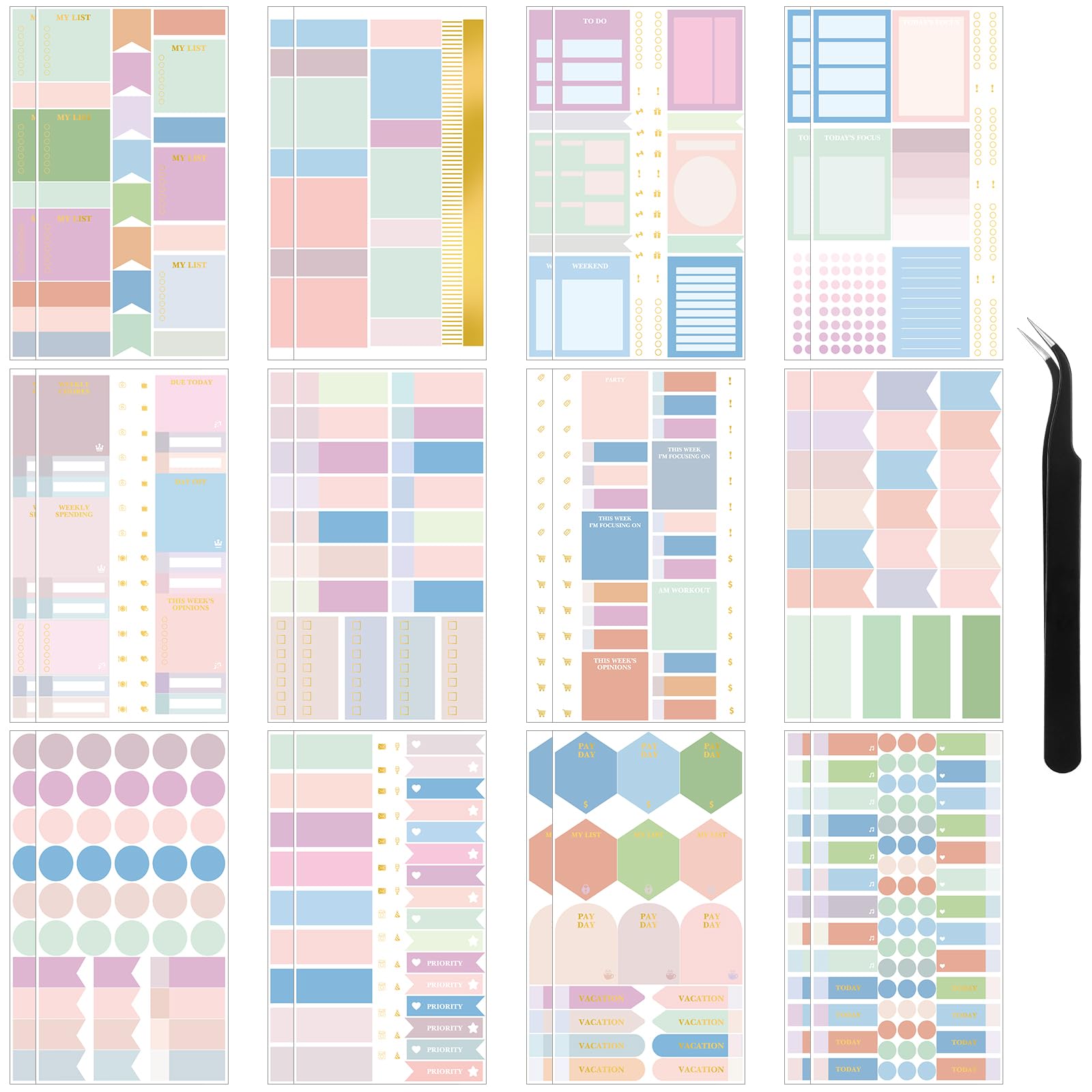 Pastel Planner Stickers Set - 24 Sheets Mixed Metallic Functional & Elegant Stickers with Free Tweezer for Bullet Journals, Scrapbooking & Budgeting (Cute Color Collection) - Perfect for DIY Planning, Gift Wrapping & Home Organization