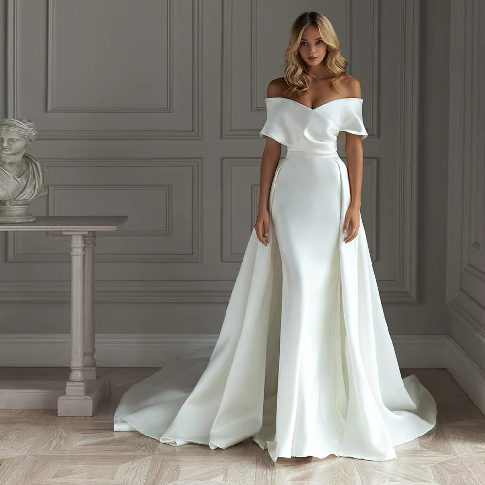 Elegant Satin Mermaid Wedding Dress with Detachable Train - V-Neck Off-Shoulder Bridal Gown for Beach, Church & Formal Weddings