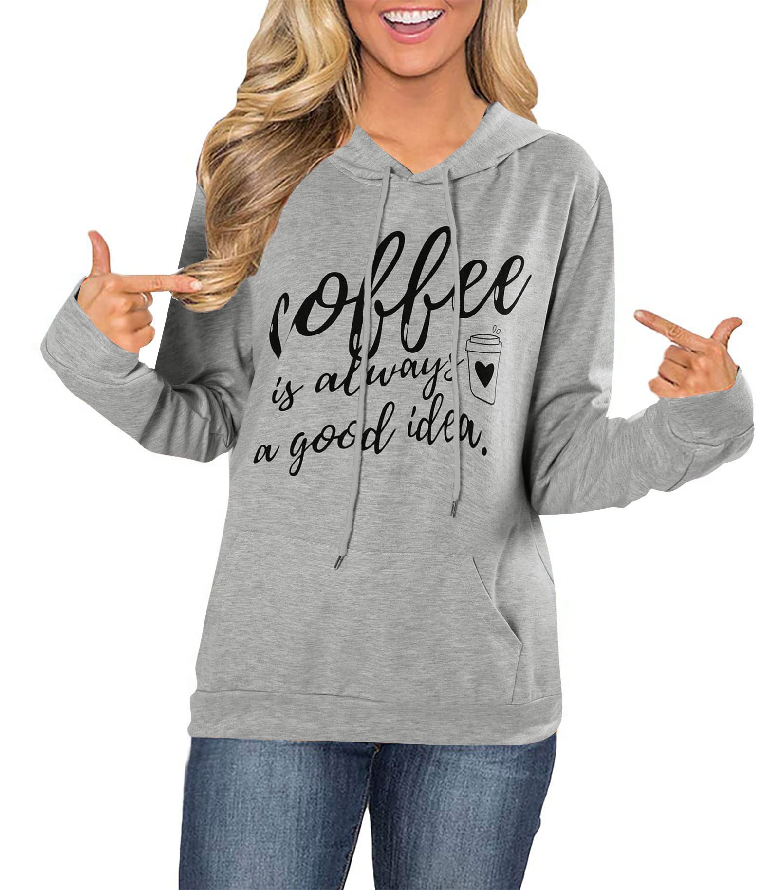Women's Lightweight Coffee-Themed Pullover Hoodie with Pockets - 'Coffee is Always a Good Idea' Drawstring Sweatshirt | Perfect for Casual Outings, Coffee Dates & Cozy Loungewear