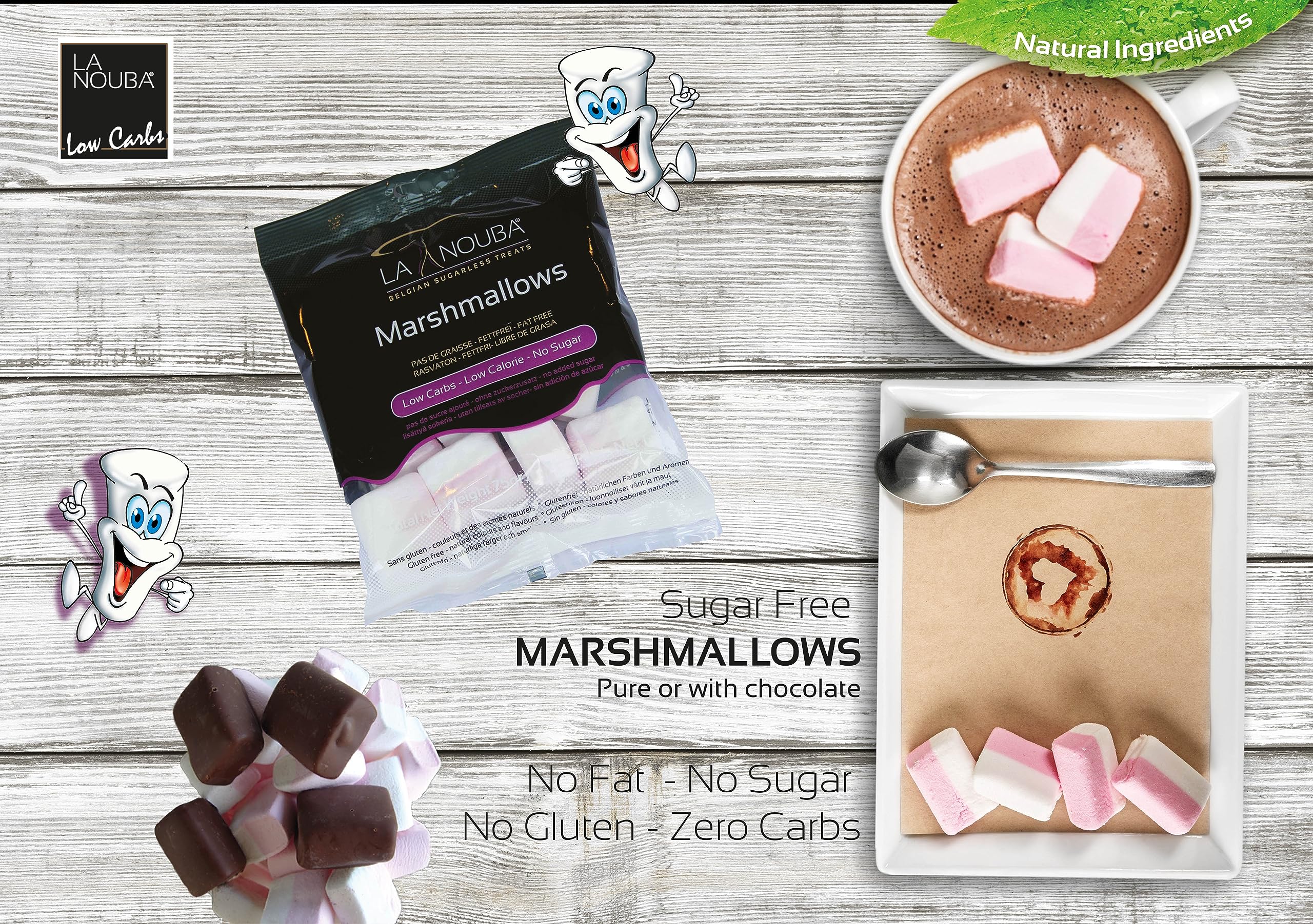 Sugar-Free Marshmallows 2-Pack (2.7 oz Each) - Low Calorie, Keto, Gluten Free, Fat Free Healthy Snacks - All Natural Ingredients, Traditional Flavor - Perfect for Hot Chocolate, Camping & Baking (La Nouba Brand)