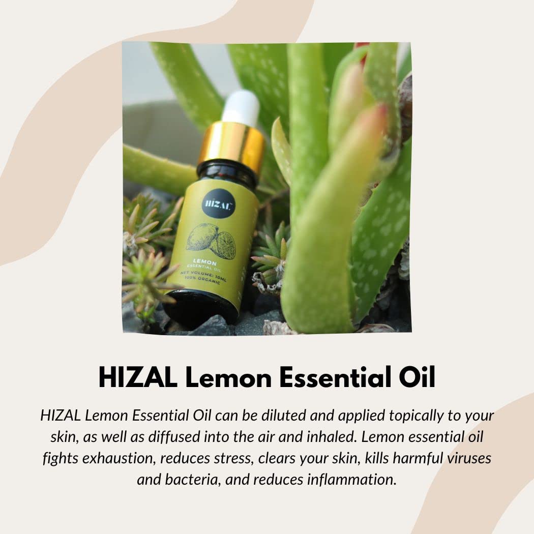 HIZAL 100% Pure Natural Lemon Essential Oil, 10ml - For Face, Hair, Skin Care & Aromatherapy | Mood Booster, DIY Beauty Recipes, Home Diffuser