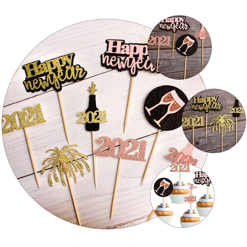 16pcs 2021 New Year Cake Toppers - Glitter Cake Decorations, Lovely Dessert Supplies for Party, Wedding & Birthday Cakes - Includes Cake Inserted Cards for New Year Celebrations