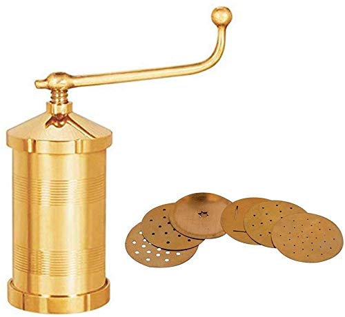 Premium Brass Sev Sancha Maker - Handmade Manual Pasta Press with 6 Interchangeable Discs for Murukulu, Gathiya & Janthikulu | Traditional Indian Snack Maker for Home & Restaurant Use