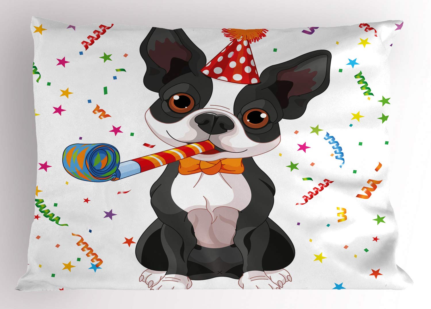 Ambesonne Boston Terrier Dog Birthday Pillow Sham - Black & White Dog Print with Colorful Party Backdrop - Standard Queen Size Decorative Pillowcase (30