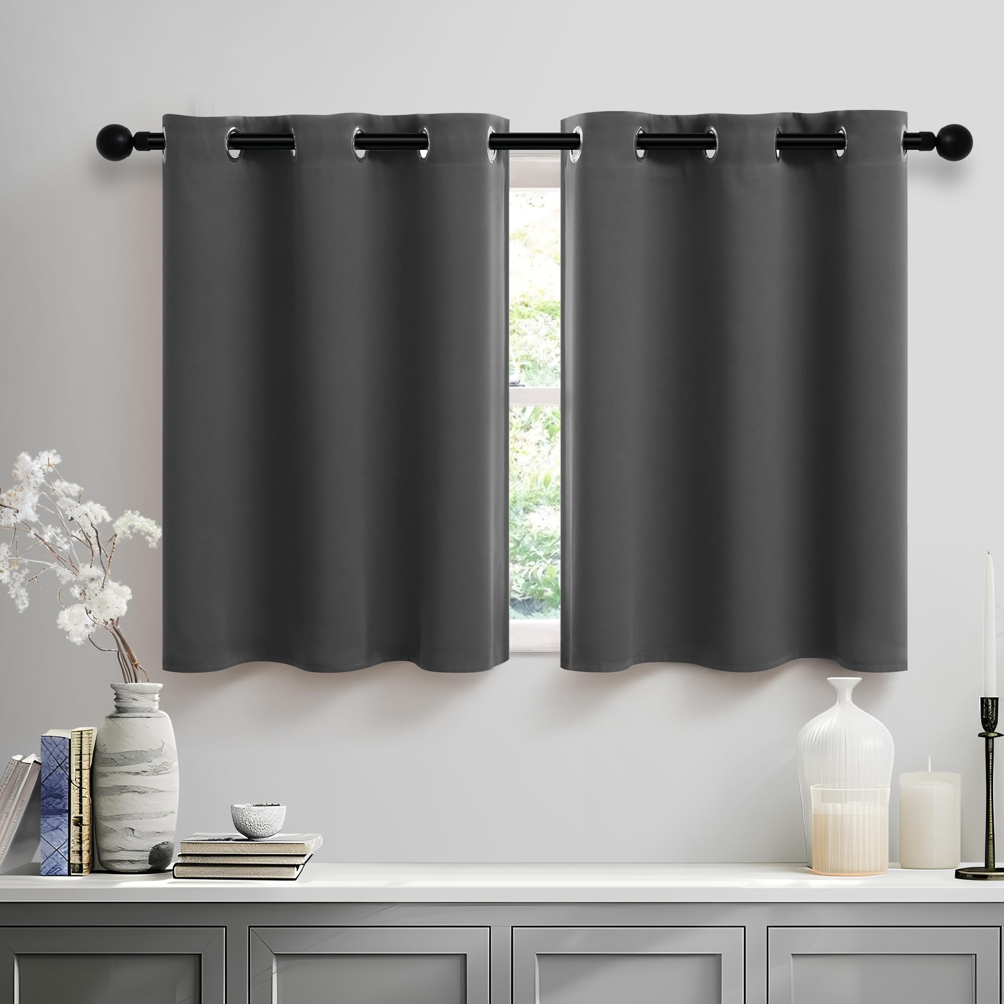 30 Inch Dark Gray Thermal Insulated Tier Curtains for Kitchen - 1 Pair, 34x30 Inches, Smooth Grommet Top, Short Window Drapes for Kids Bedroom, Basement & Loft - Energy Saving, Noise Reducing & Blackout for Better Sleep & Privacy
