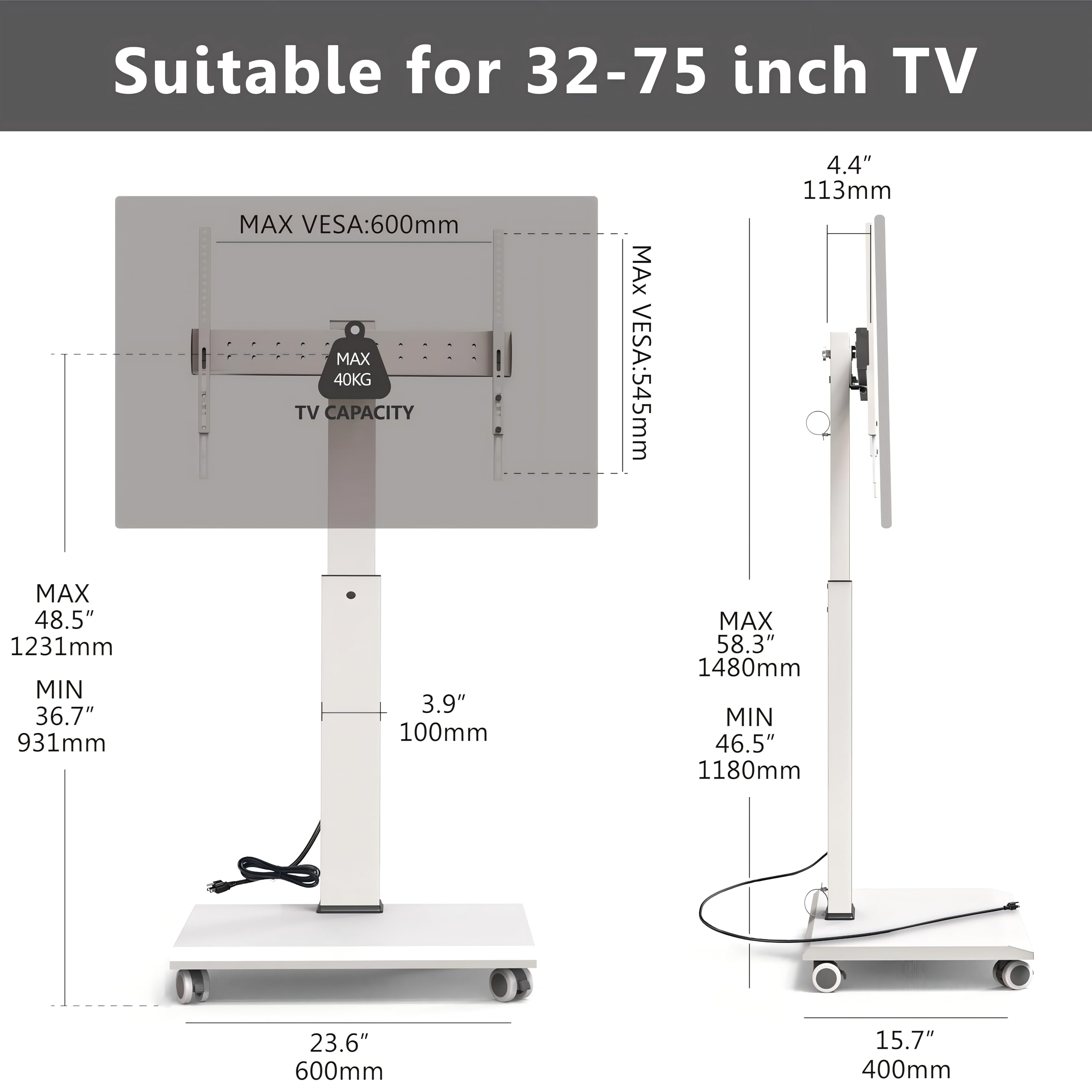FITUEYES Rolling TV Stand with Built-in Power Outlet - Adjustable Mobile TV Cart for 32-75 Inch Screens (Max VESA 400x600mm, 88 Lbs Capacity) - Swivel ±20°, Rotate Landscape to Portrait, Height Adjustable - Perfect for Living Rooms, Bedrooms, Offices & Home Theaters