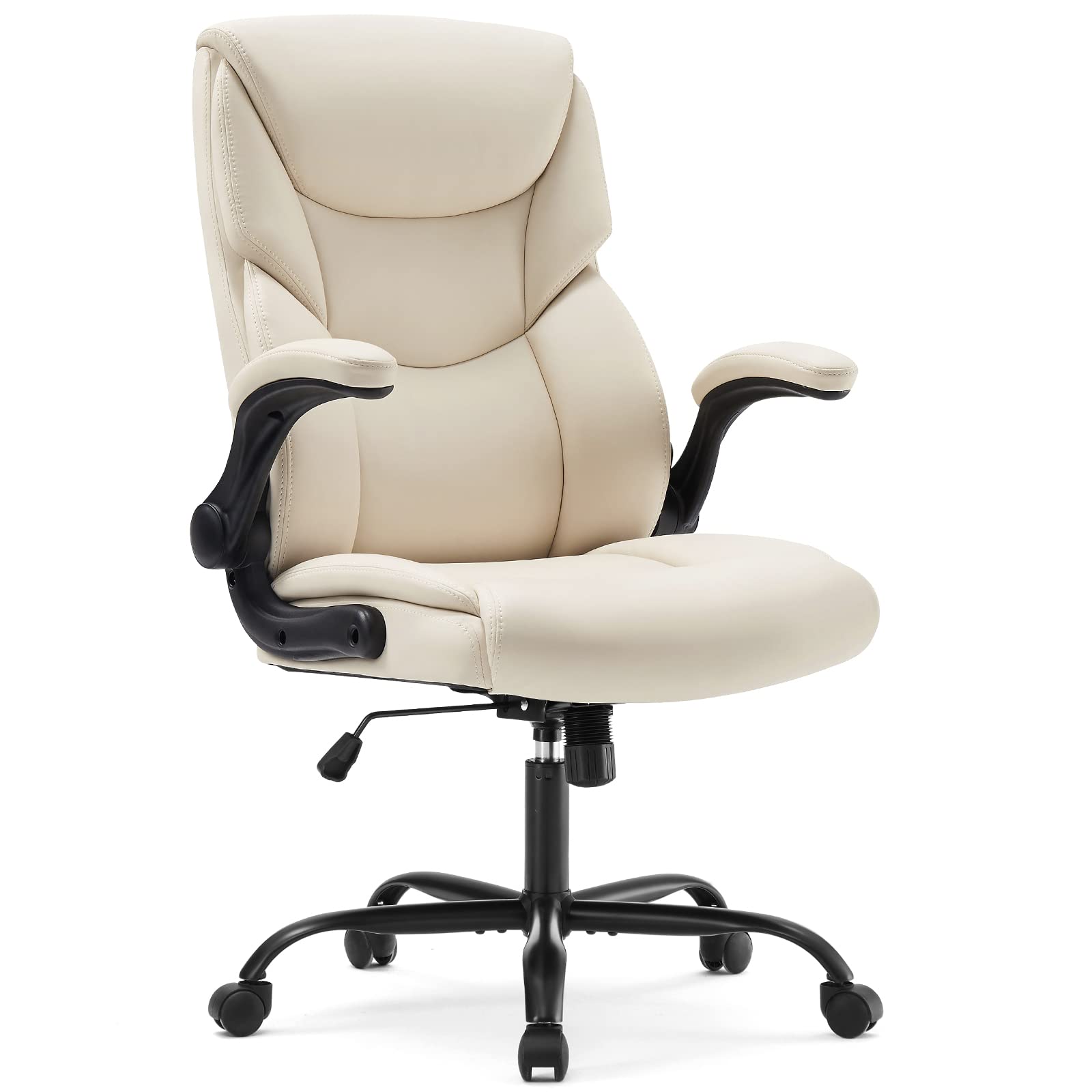 Ergonomic Executive Office Chair with Adjustable Flip-Up Armrests & Lumbar Support - Swivel Computer Desk Chair with Strong Metal Base & PU Leather (White) - Perfect for Home Office, Gaming, and Workspaces