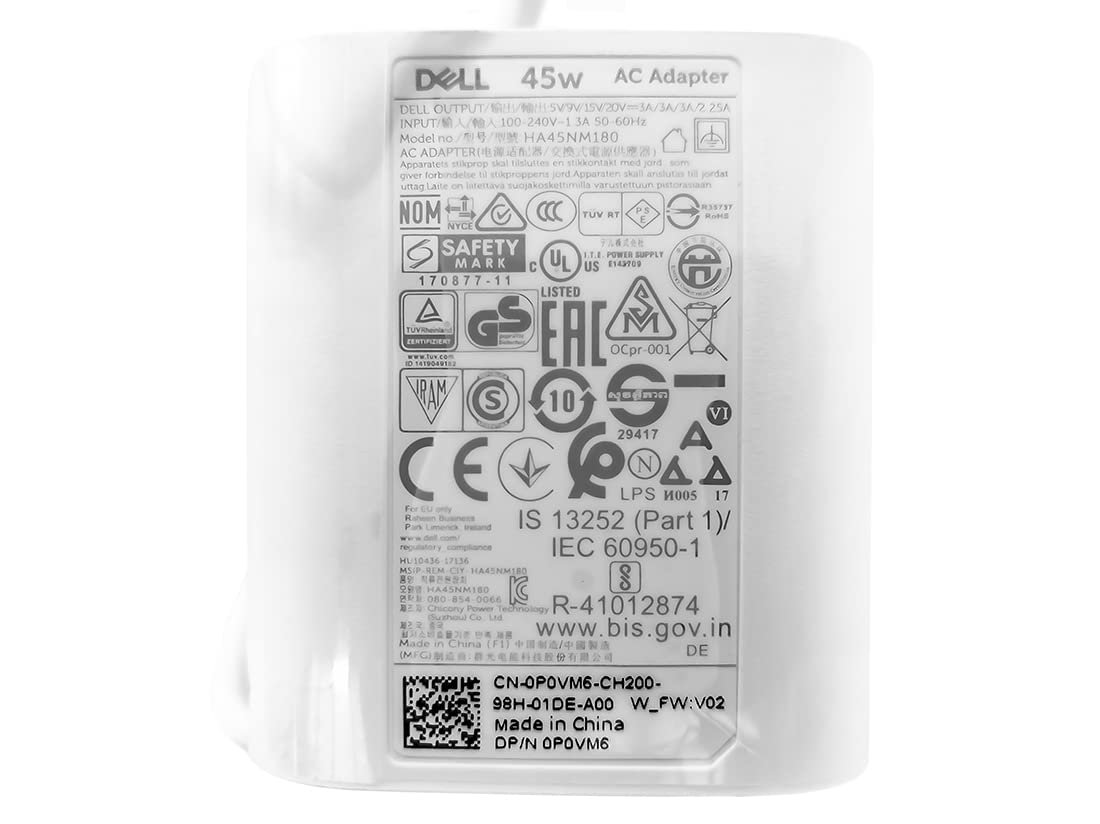 45W USB-C Charger for Dell XPS 13 9300/9365/9360/9350 Laptop - Genuine Type-C AC Adapter Compatible with DP/N 08XTW5, KR7FK, 36HFH, P82G, 470-ABSF, 492-BBUU - Perfect for Home, Office & Travel Charging Needs
