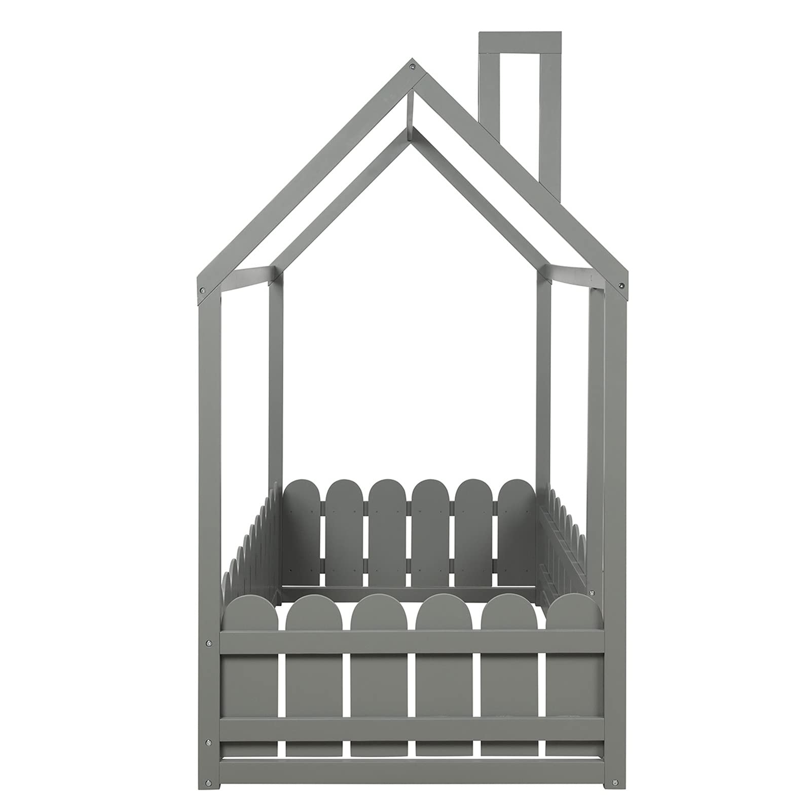 Kids Wooden Twin Floor Bed Frame with Safety Fence - Gray Cabin House Bed for Boys & Girls, Teens Room Decor | Perfect for Small Bedrooms, Playrooms & Montessori Style Spaces