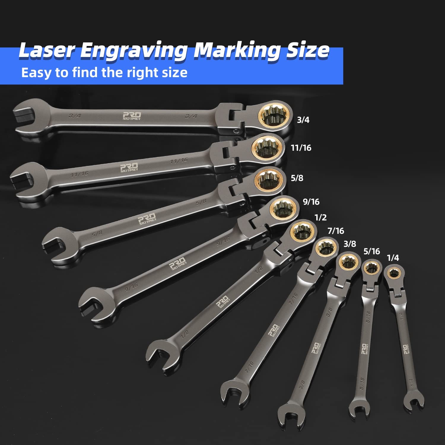 Prostormer 9-Piece Flex Head Ratcheting Combination Wrench Set - SAE Sizes 1/4