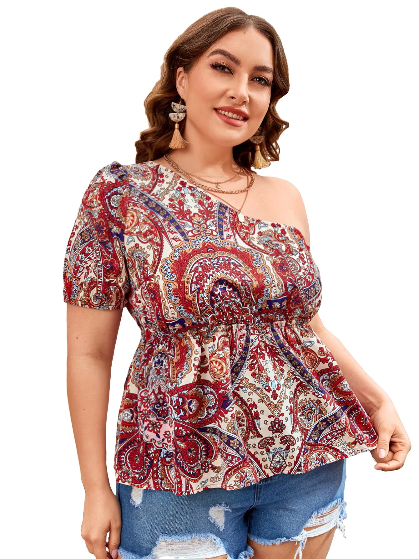 MakeMeChic Women's Plus Size Floral Print One Shoulder Short Sleeve Peplum Blouse - Casual Summer Tops for Work, Date Night & Vacation