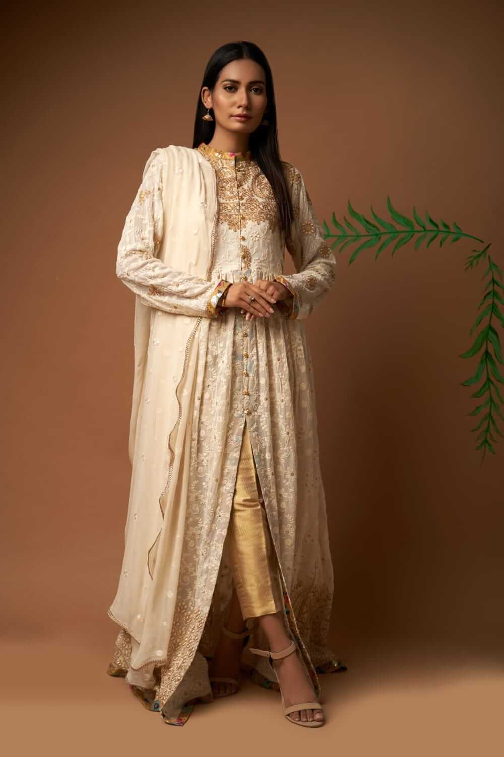 Elegant Gold and Off White Chiffon Open Front Frock Shirt for Women - Perfect for Summer Outfits, Beach Cover-Ups, and Casual Wear