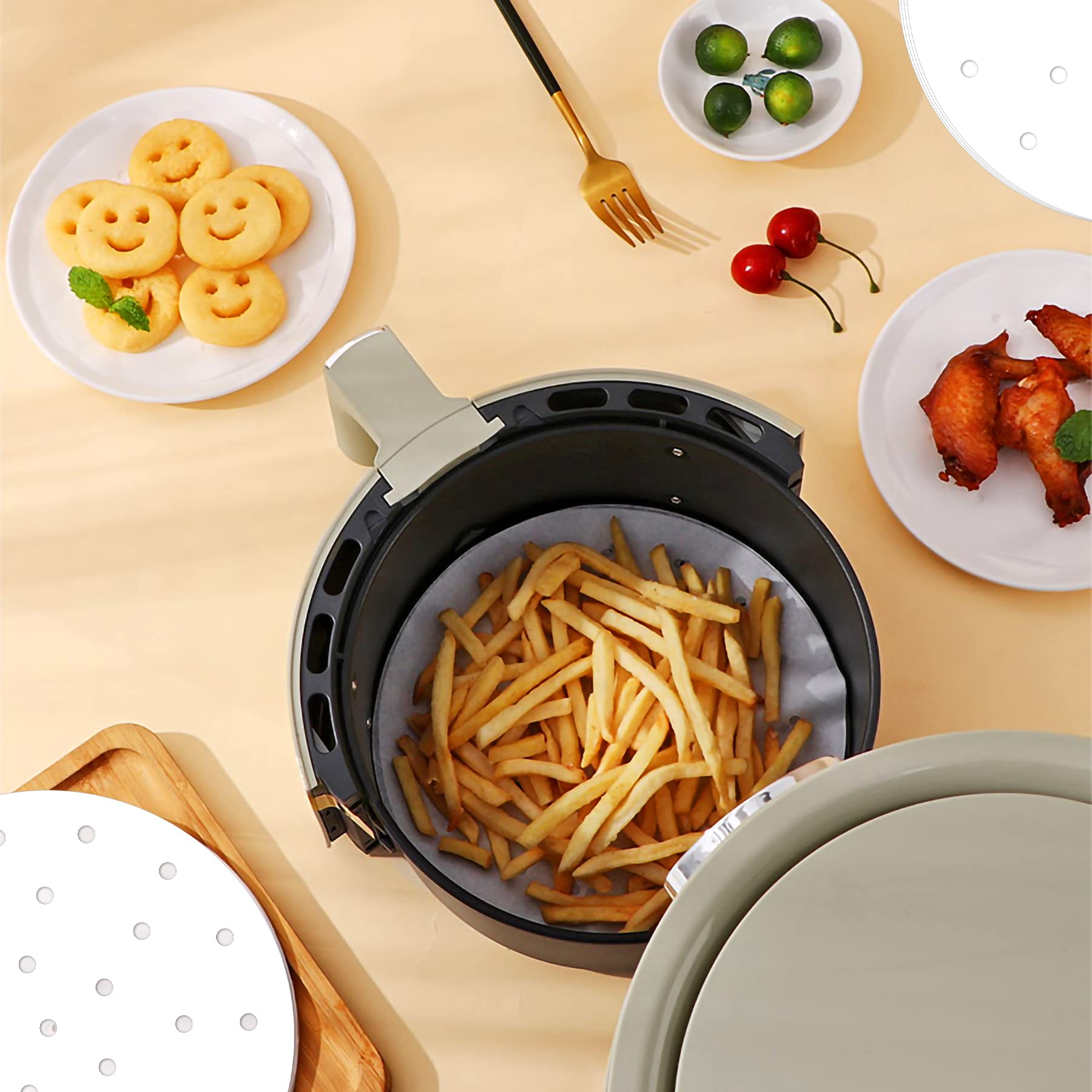 200pcs 8-Inch Air Fryer Parchment Paper Liners | Reusable Bamboo Steamer Baking Sheets | Non-Stick & Eco-Friendly Air Fryer Accessories | Perfect for Cooking, Baking & Meal Prep