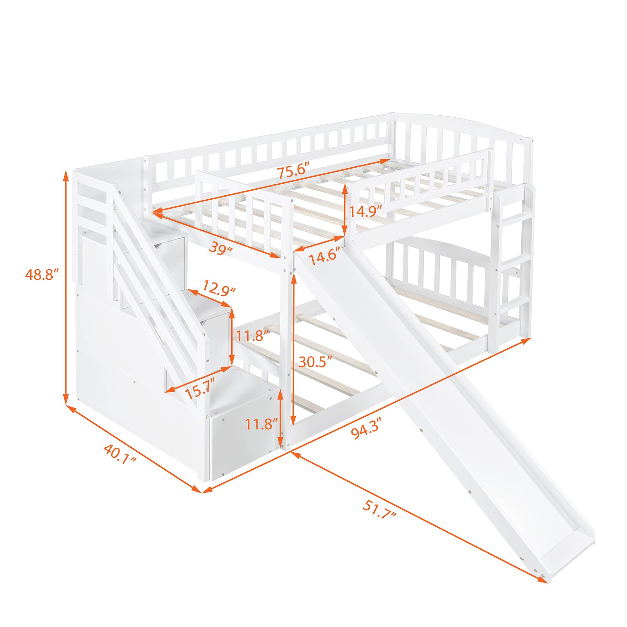 **Kids Wooden Low Bunk Bed with Slide & Stairs - Twin Over Twin Floor Bunk Bed with Storage Shelves & Handrail - White Bunk Bed for Small Rooms, Playrooms & Sleepovers (#8)**