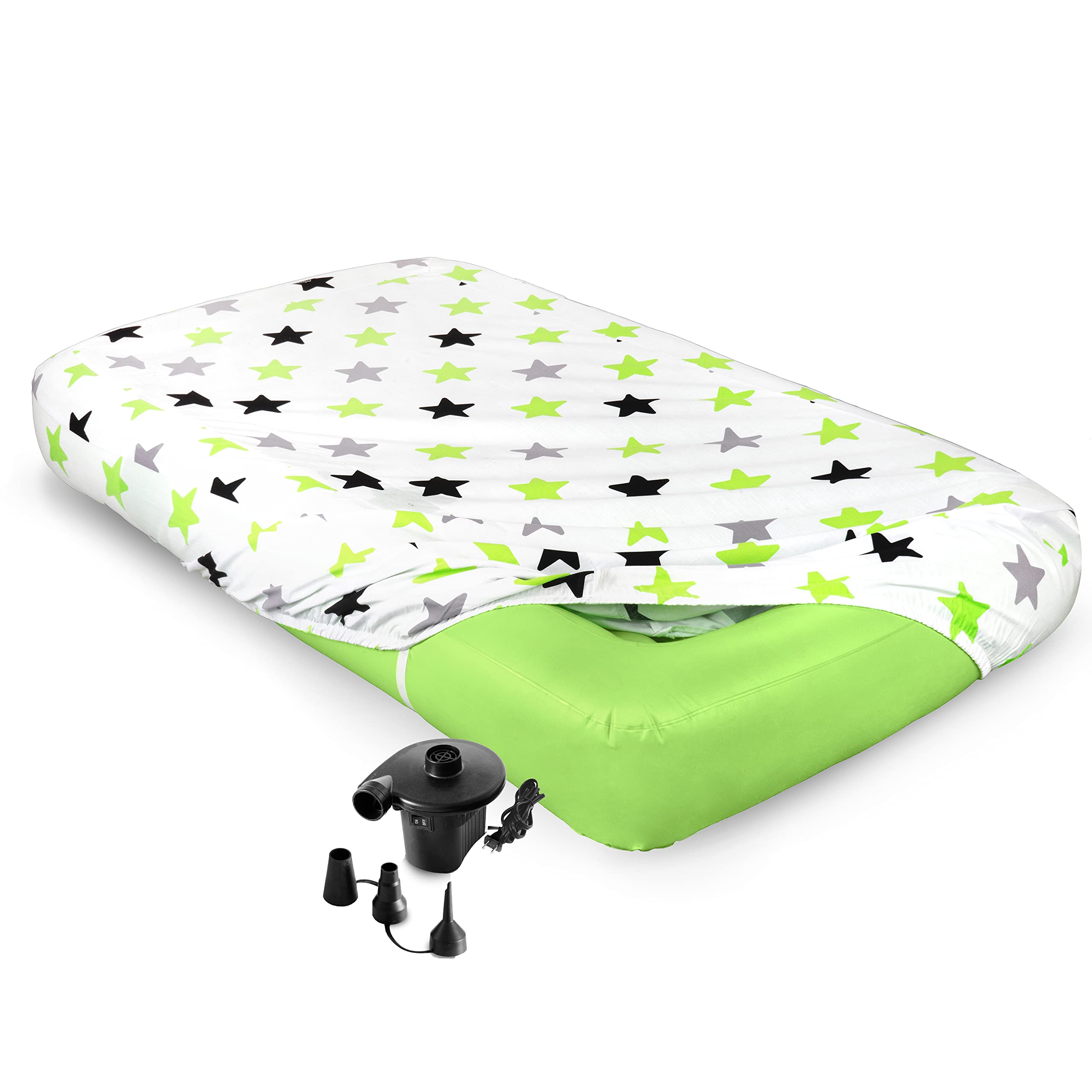 Inflatable Air Mattress for Kids & Toddlers - Portable Travel Bed with Star Print Sheet & Built-in Air Pump - Supports Up to 150lbs - Perfect for Camping, Sleepovers & Indoor Play Areas