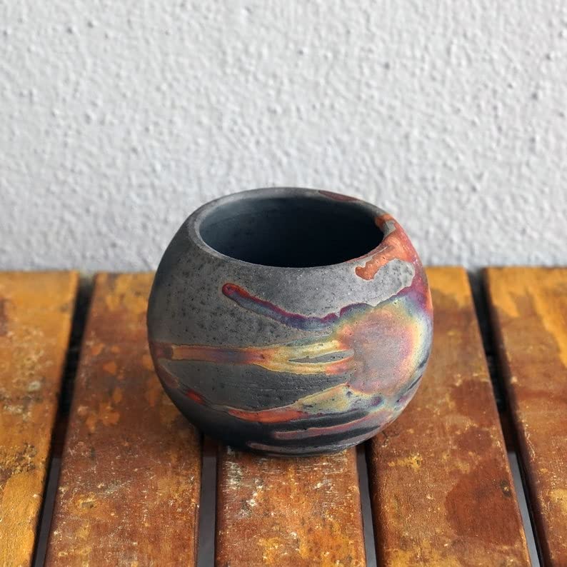 RAAQUU 3.5 Inch Round Zen Vase - Handmade Clay Grogged Earthenware with Carbon Half Copper Matte Finish | Perfect for Home Decor, Meditation Spaces & Housewarming Gifts | Indoor Centerpiece for Living Room, Office or Yoga Studio