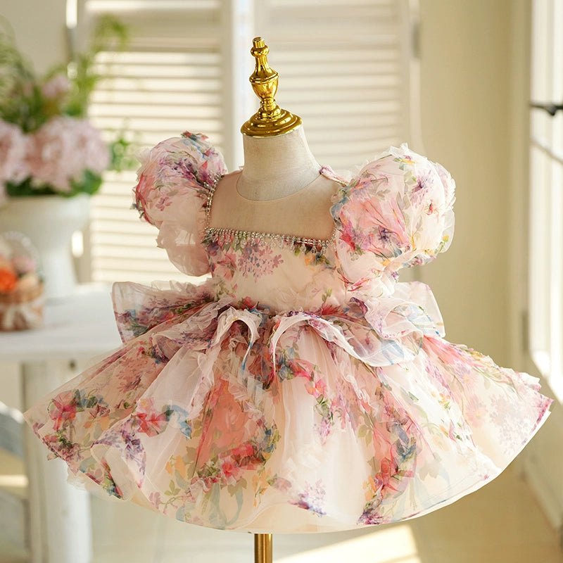 Elegant Floral A-Line Flower Girl Dress with Puff Sleeves - Perfect for Weddings, Baptisms & Special Occasions