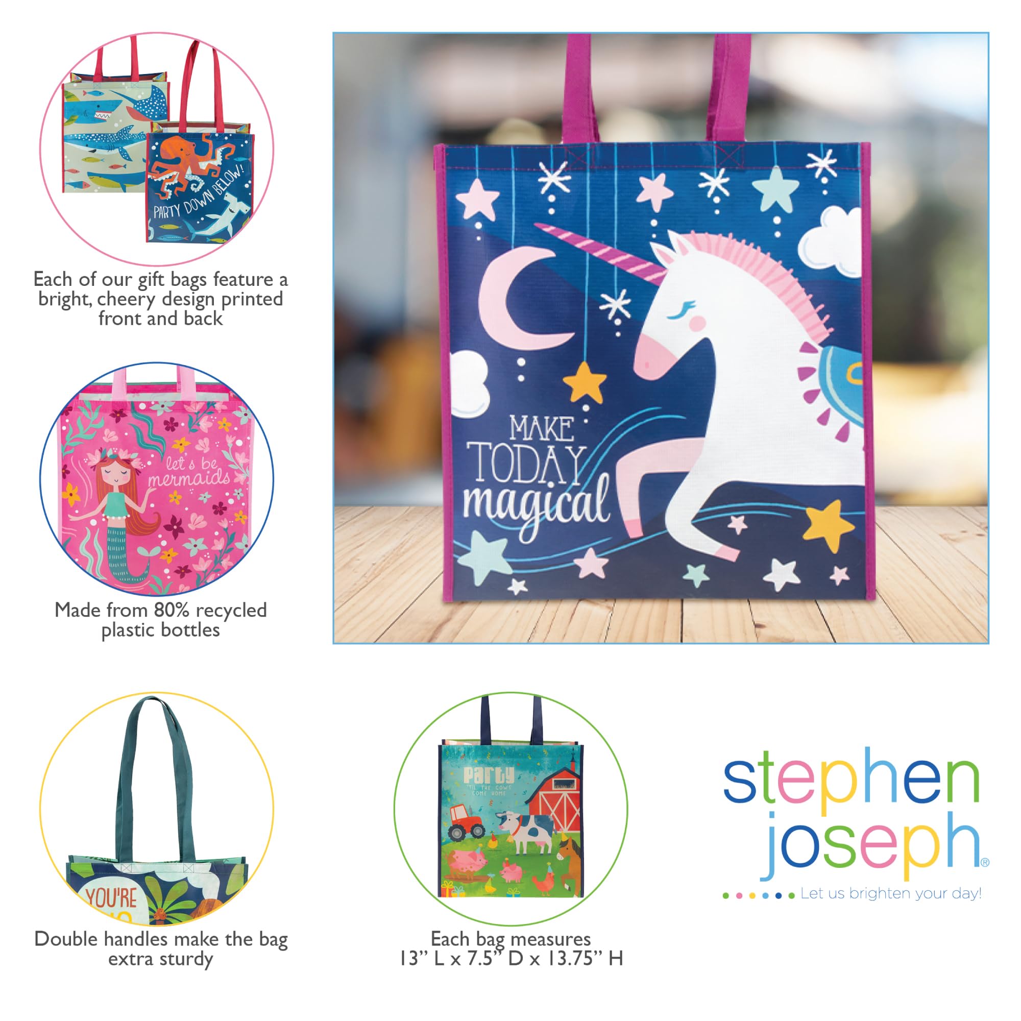 Stephen Joseph Large Recycled Gift Bags with Handles - Eco-Friendly Reusable Kids Birthday Party & Shopping Bags for Gifts, Favors, and Everyday Use