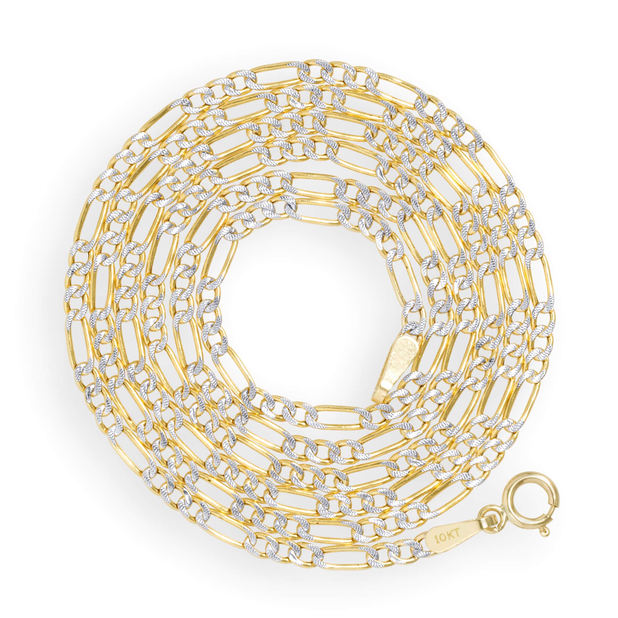10K Real Yellow Gold Figaro Link Chain Necklace for Men & Women - 2mm Diamond Cut Pave Solid Gold Italian Jewelry (16