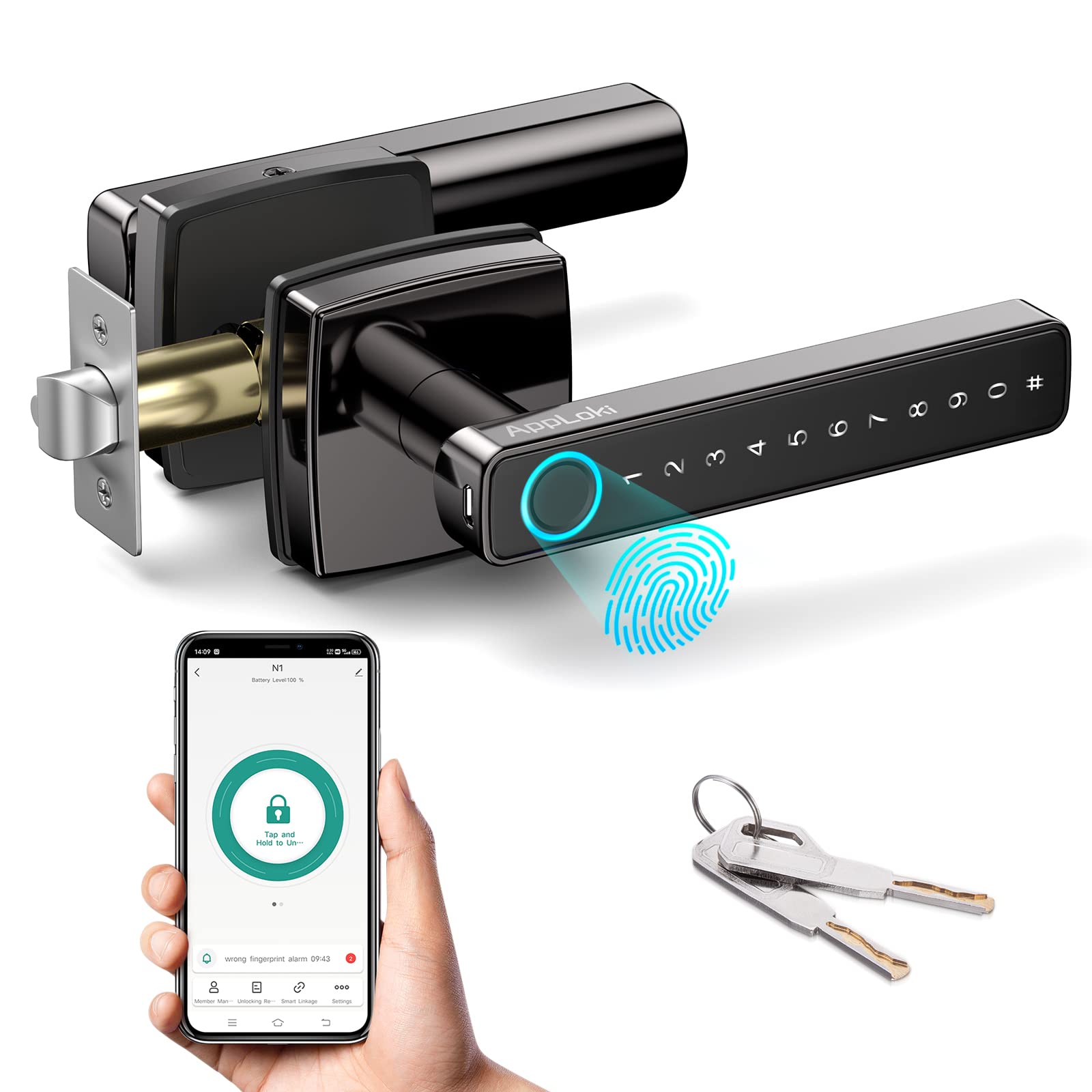 Smart Fingerprint Door Lock - Keyless Entry with Bluetooth, Touchscreen Keypad & Reversible Handle | App Control, Biometric, Code & Key Access | Secure Smart Lock for Homes, Apartments & Bedrooms | Perfect for Modern Smart Homes & Vacation Rentals