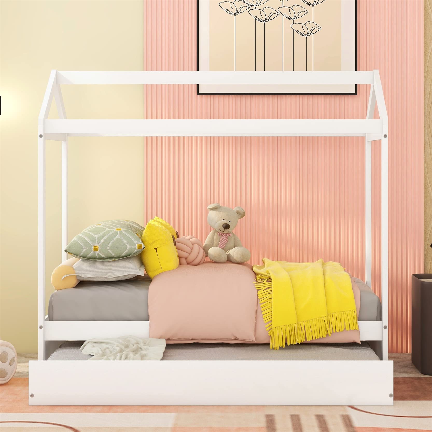 Harper & Bright Designs Twin Size House Bed Frame with Trundle - Kids Daybed with Roof Design, No Box Spring Needed - Perfect for Bedrooms, Playrooms & Sleepovers