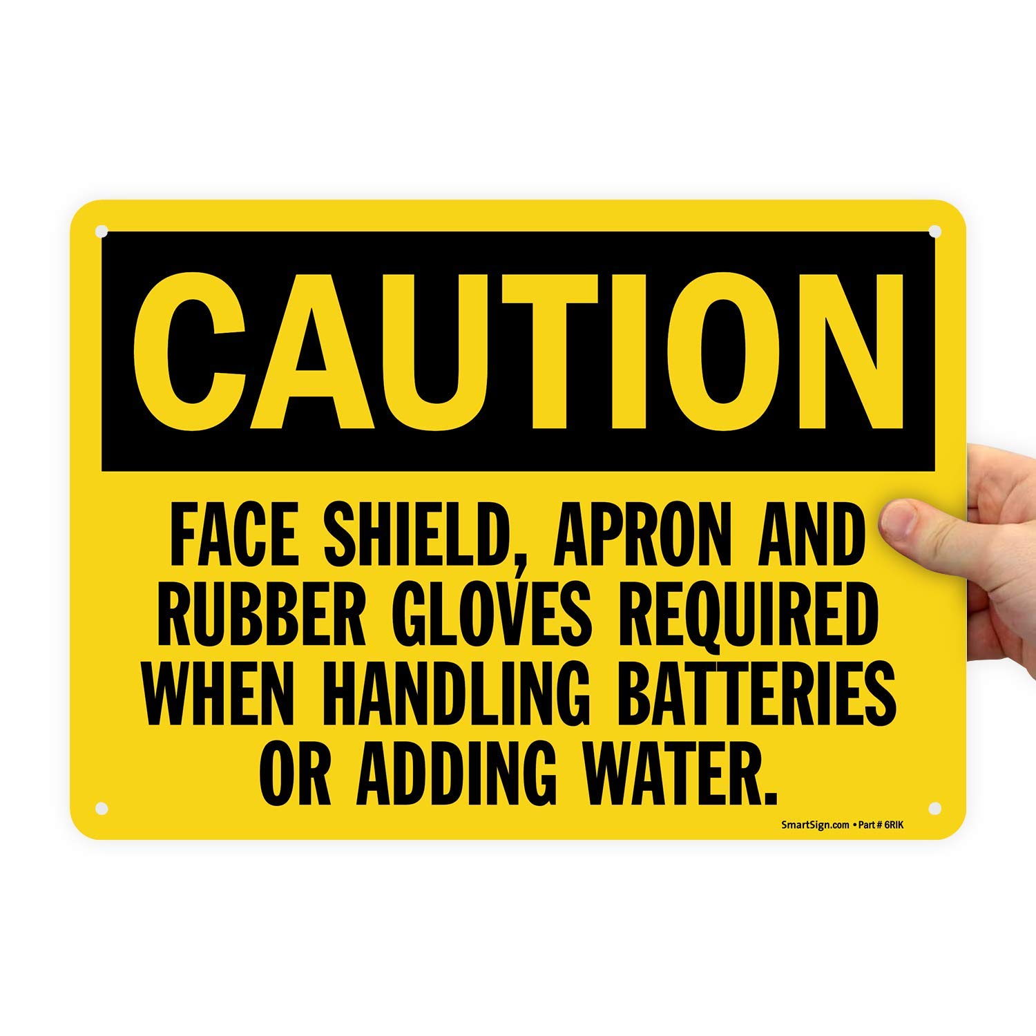 SmartSign Caution Sign - Face Shield, Apron & Rubber Gloves Required for Battery Handling & Water Refilling | 10x14 Inch Durable Aluminum Sign | Ideal for Battery Charging Stations, Workshops & Industrial Safety Areas